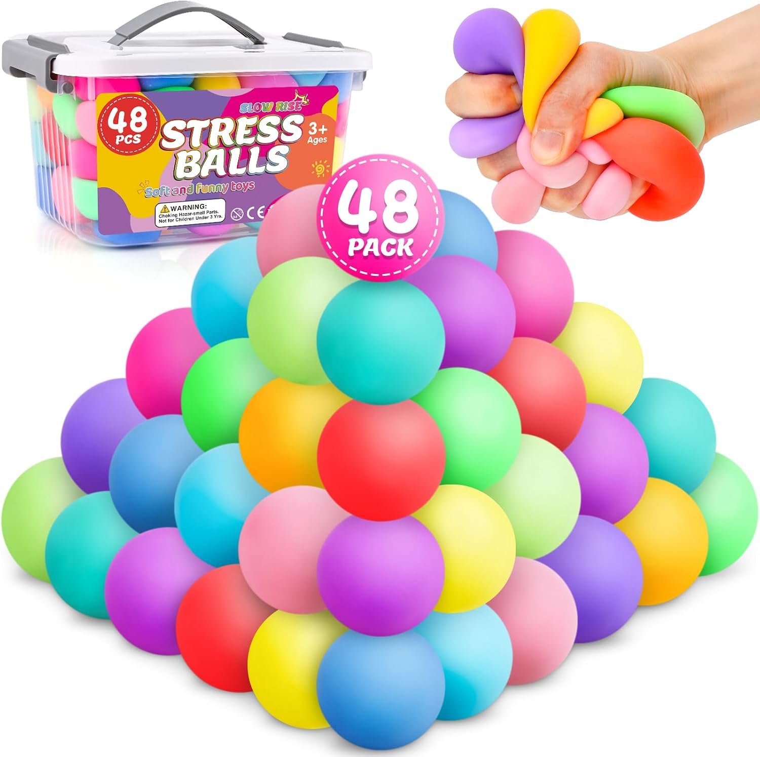 48 Pack Slow Rising Stress Ball,Stress Balls for Kids Adults,Stretchy Fidget Toys for Anxiety Relief,Hand Therapy Sensory Squishy Ball,Squishy Toys,Treasure Prize Box Toys for Kids Classroom | Hand Therapy Sensory Squishy Ball for Stress Relief, Squishy Toys for Kids, Classroom Prize Box Party Favors