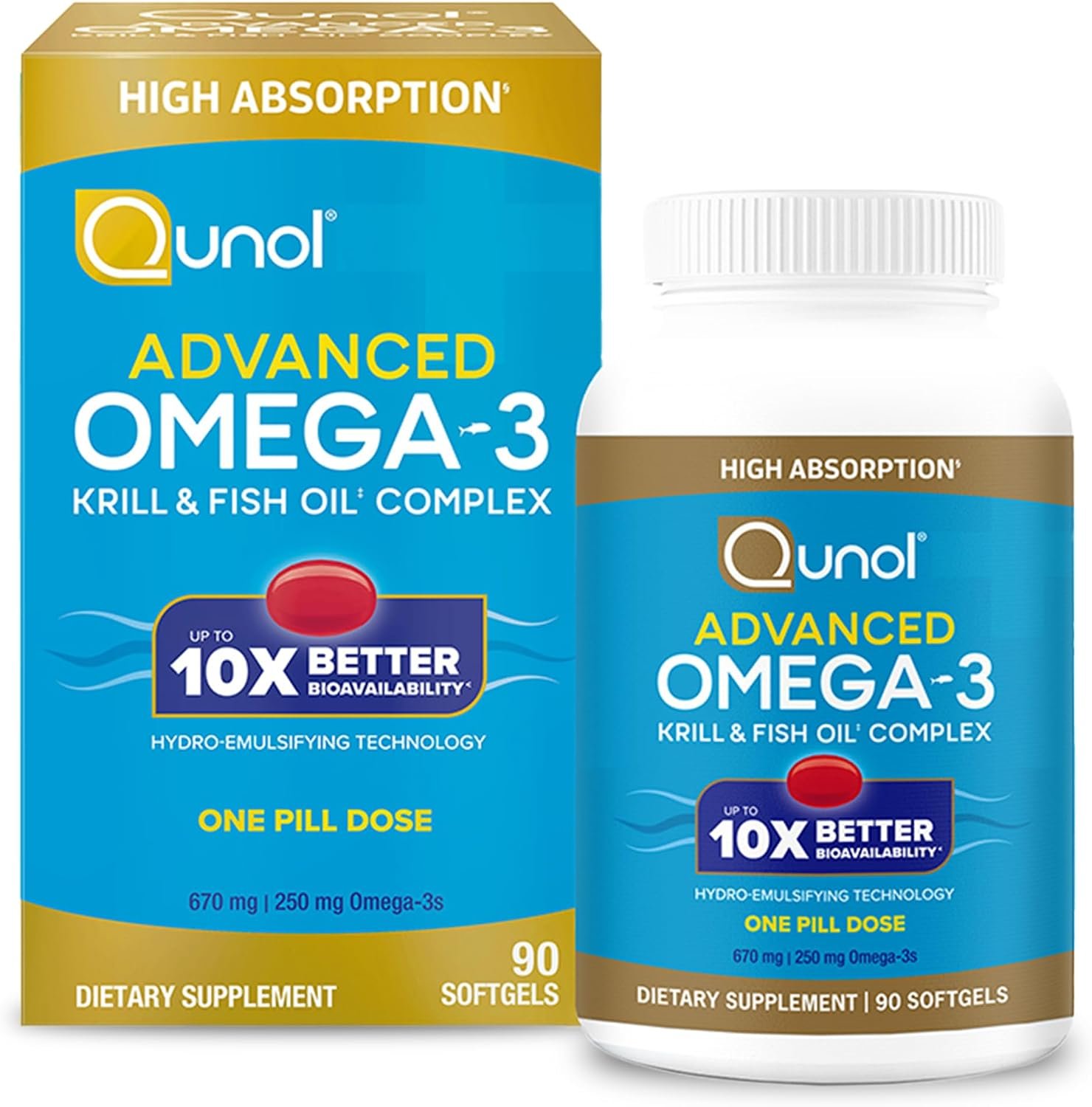 Qunol Advanced Omega-3 Krill & Fish Oil Complex, 250mg EPA & DHA, 90ct | 10x Better Bioavailability, High Absorption, One Pill Dose, Supports Brain, Eye, Heart and Joint Health; Gluten-Free