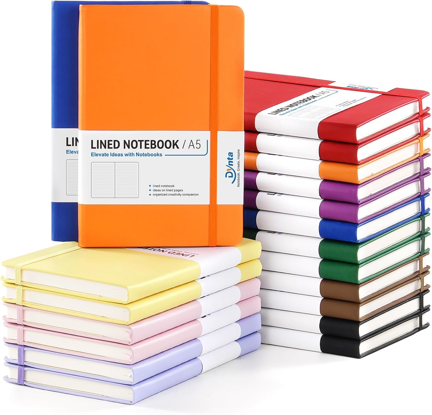 Dynta 20 Pack Hardcover Leather Journal, A5 College Ruled Notebooks | 5.8 x 8.4 Inch Journal with 10 Colors, 200 Pages/100 Sheets, Bulk Notebooks for Business, Office and Daily Work