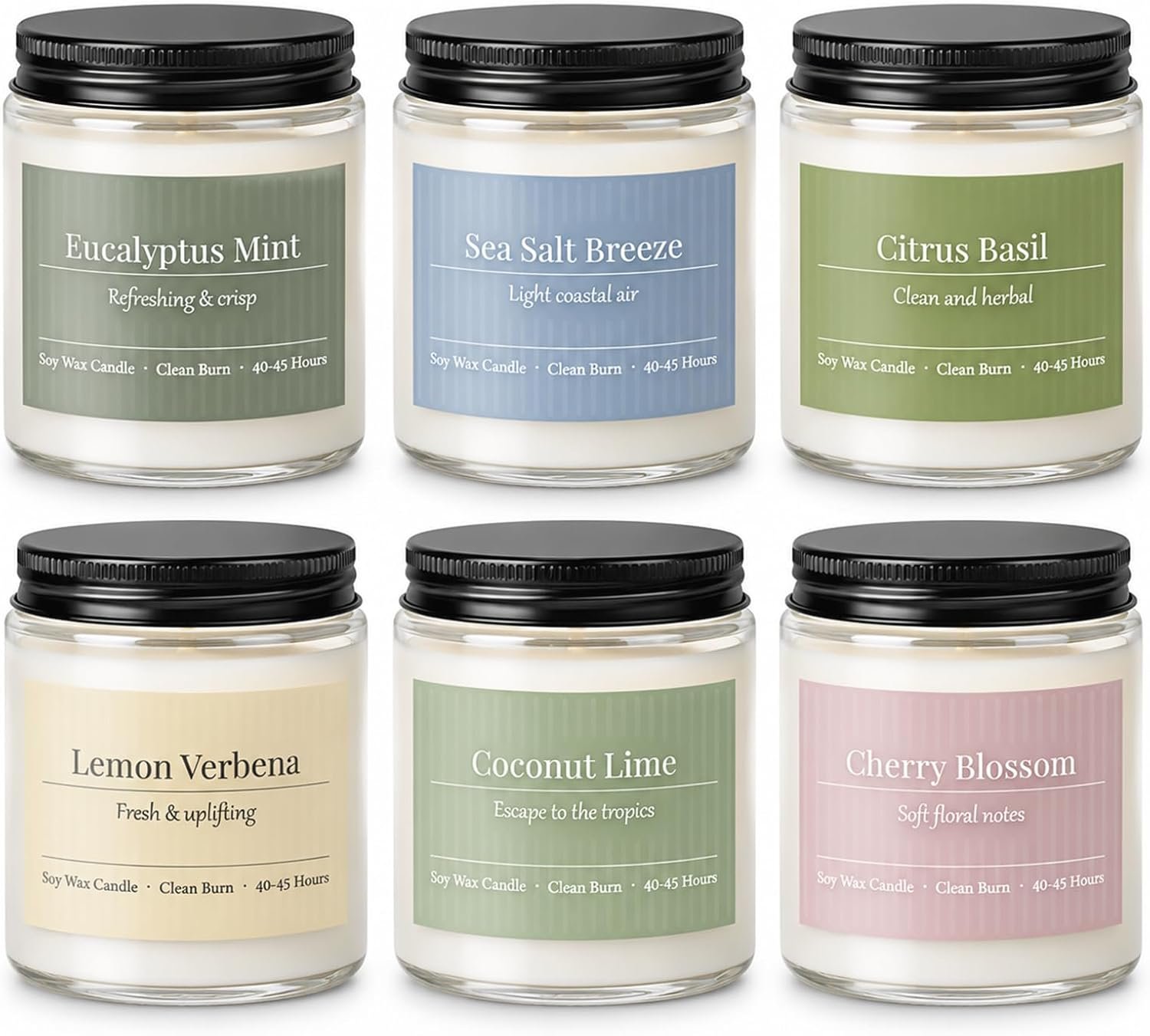 Scented Candles Gift Set,6 Pack Spring Summer Soy Wax Aromatherapy Candles | Lemon Verbena,Coconut Lime,Sea Salt Breeze, Citrus Basil, Eucalyptus Mint & Cherry Blossom