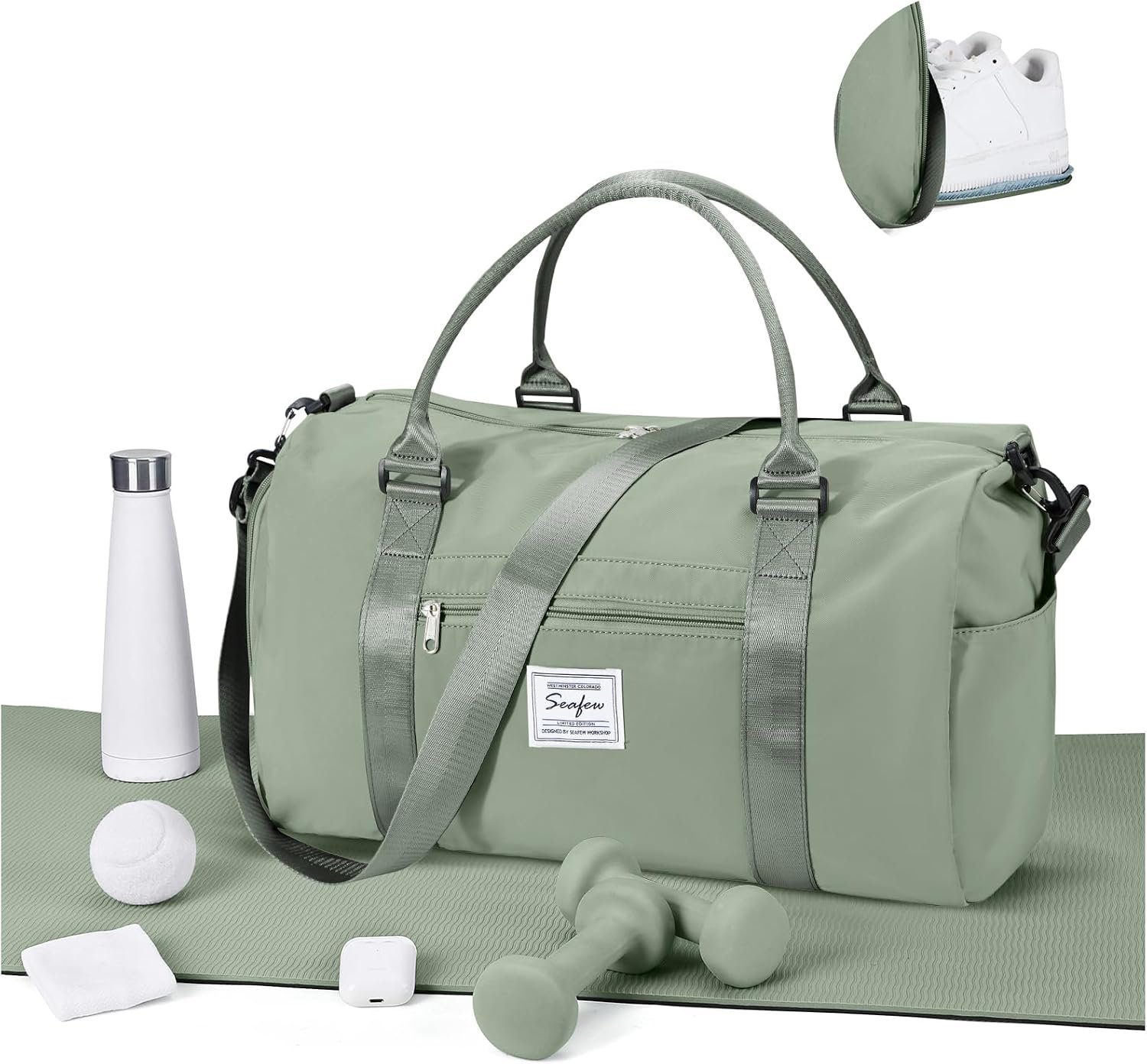 Gym Bags for Women Men with Shoes Compartment,Sports Duffle Bags Personal item travel Duffel Tote Bag Small Carry on Weekender Overnight Bag Workout Dance Bags Hospital Holdalls Grey Green