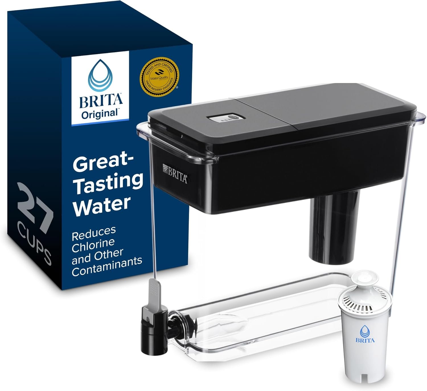Brita X-Large 27 Cup Water Dispenser, Includes 1 Filter, Black | WQA and NSF/ANSI Certified, Reduces Chlorine, Copper, Mercury & Cadmium, Lasts 2 Months, Household Essential