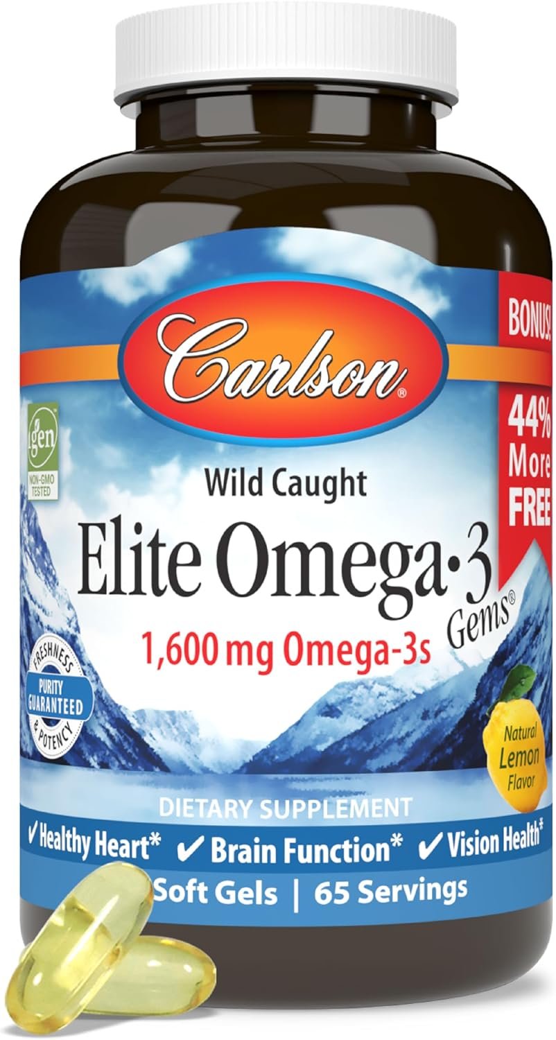 Carlson Elite Omega-3 Gems, 1600 mg, from Norway, Lemon, 60 Softgels | Omega-3 Fatty Acids Including EPA and DHA; Wild-Caught Fish Oil Supplement; Sustainably Sourced Omega 3 Fish Oil Capsules
