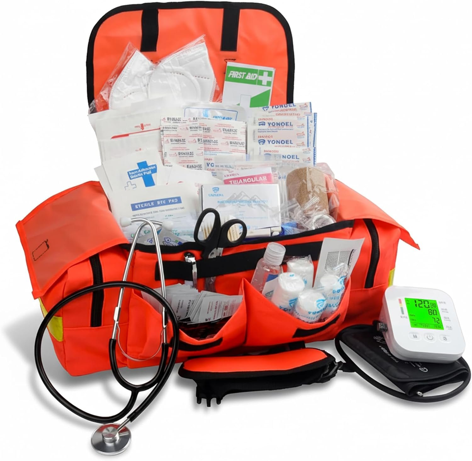 EMT 1st 362 Pcs Responder Emergency First Aid kit with Digital BP Cuff | First Aid Guide Book with Emergency Bag and 40 Unique Items – Large First Aid Kit for Car, Travel, Home, Camping & Hiking