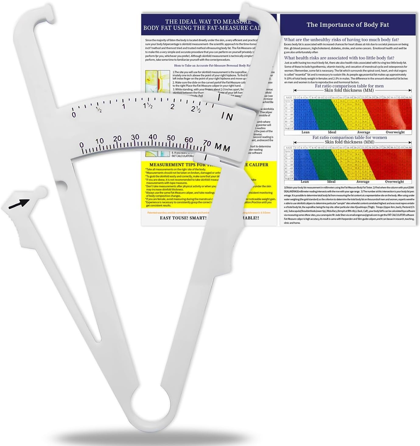 Body Fat Measurement Device,Body Fat Caliper with Body Fat Percentage Measure Chart