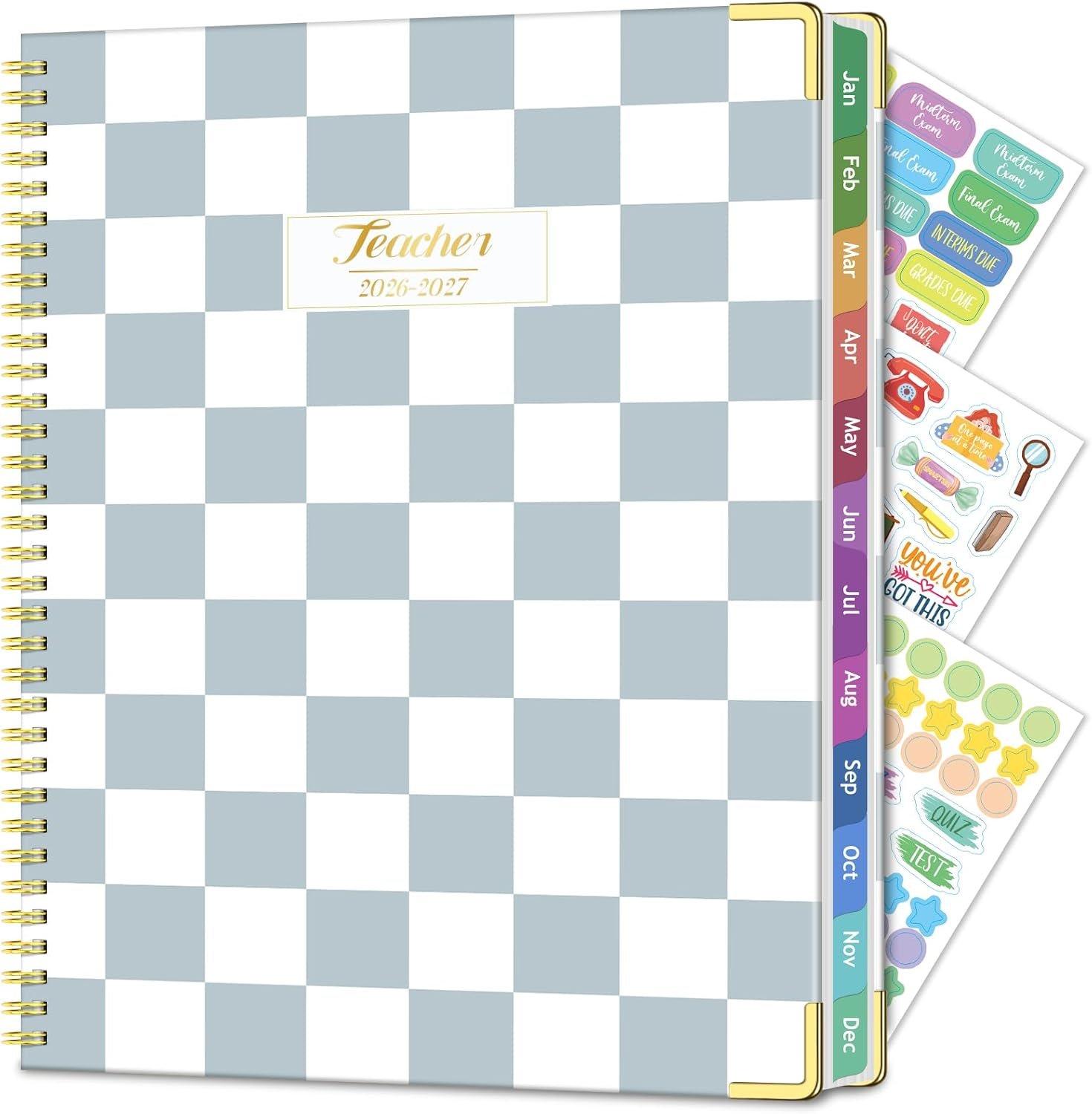 Teacher Planner 2026-2027 Academic Year, Lesson Plan Book 8.5″x11″ | July 2026-June 2027, Spiral Hardcover Teacher Calendar with 14 Checklists, Gold Corners & Stickers for Class, BlueCheckered