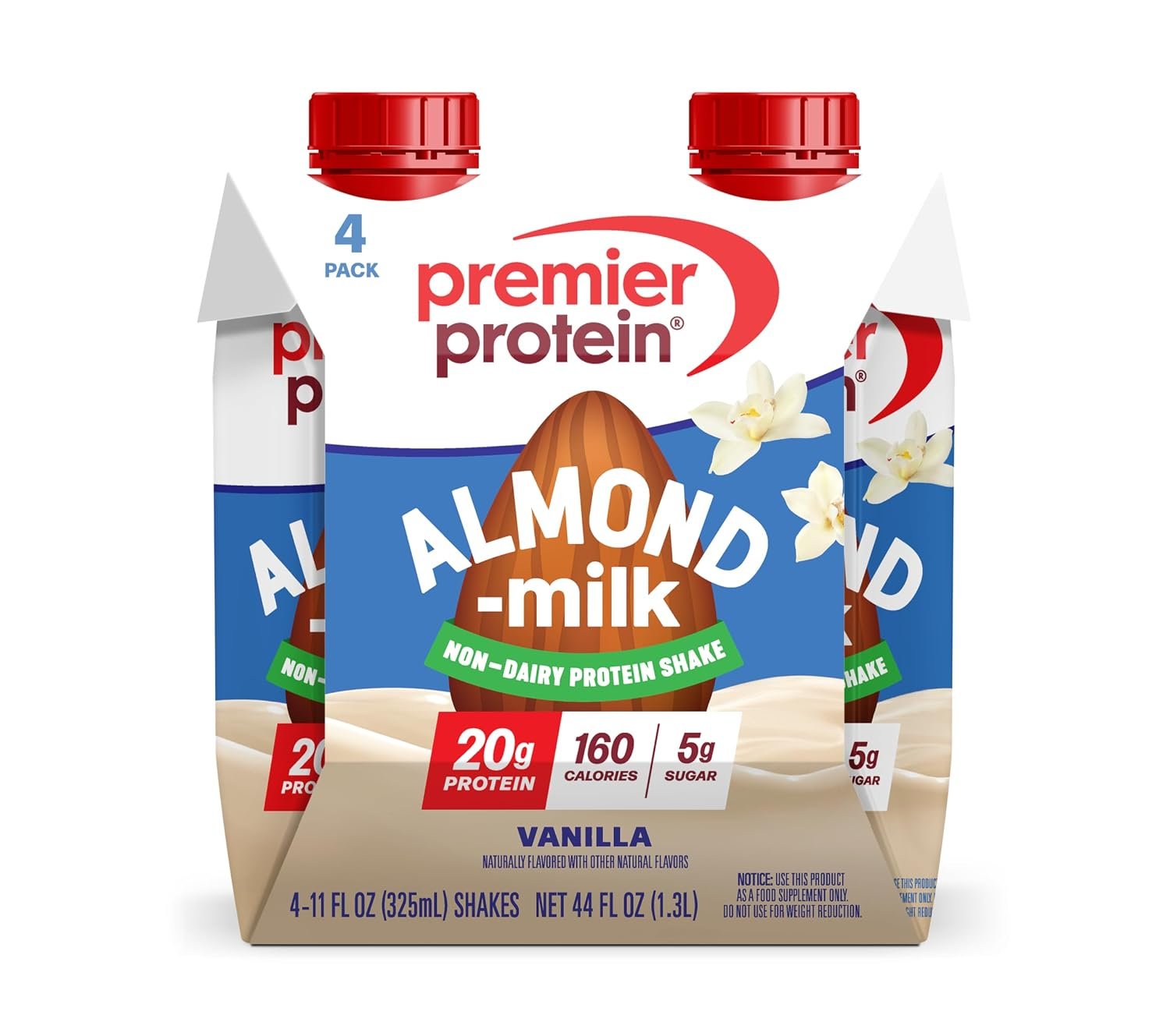 Premier Protein Non-Dairy Almondmilk Protein Shake, 20g, Vanilla, 4 Pack | Plant-Based Protein, 160 Calories, 5g Sugar, Supports Muscle Health, Gluten-Free, 11 oz