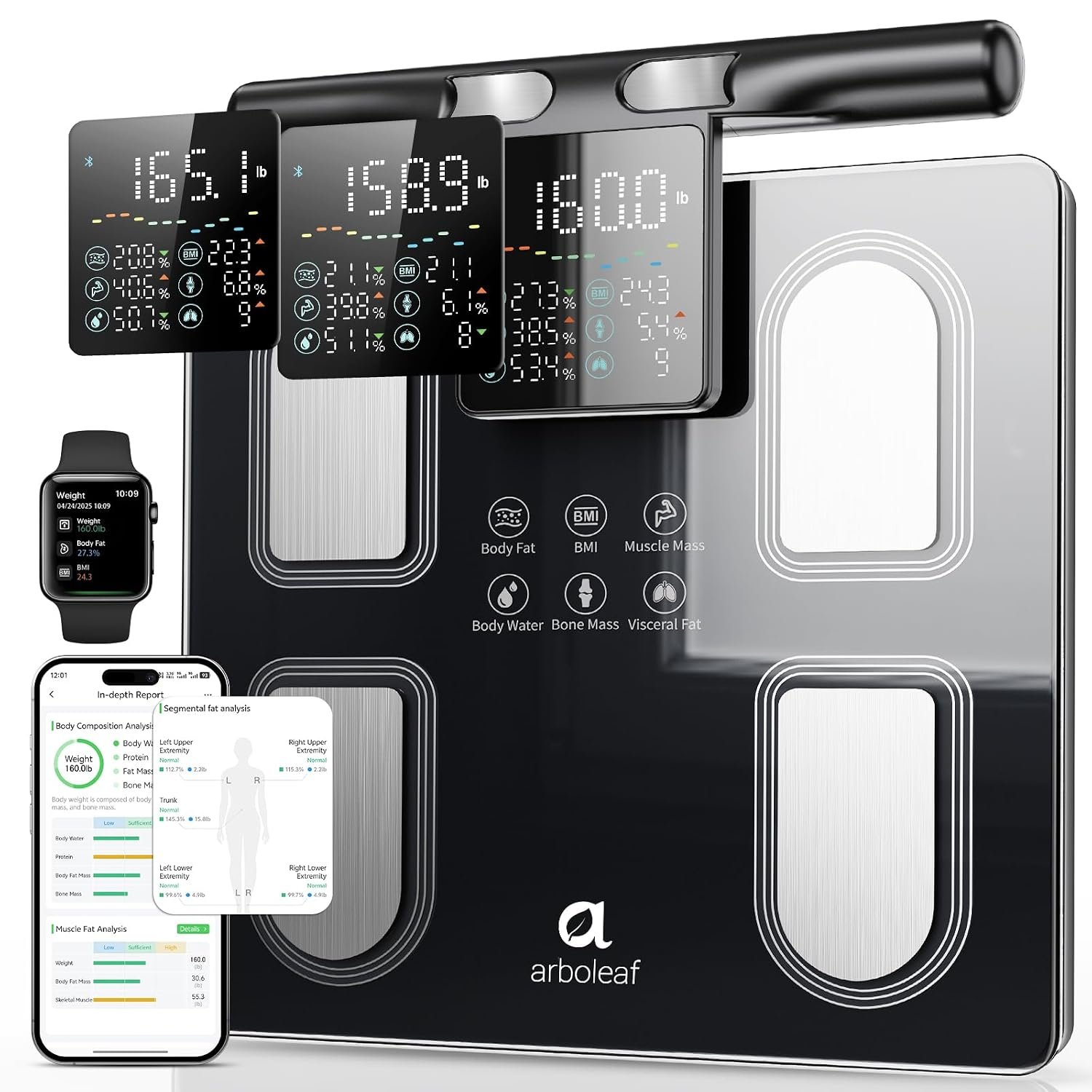 Arboleaf 8-Electrode Body Composition Scale with Handle Display, Black | Eye-level 5.3-inch Display, 50+ Body Metrics, Bluetooth App Sync, and 400 lb Capacity for Everyday Home Fitness Tracking