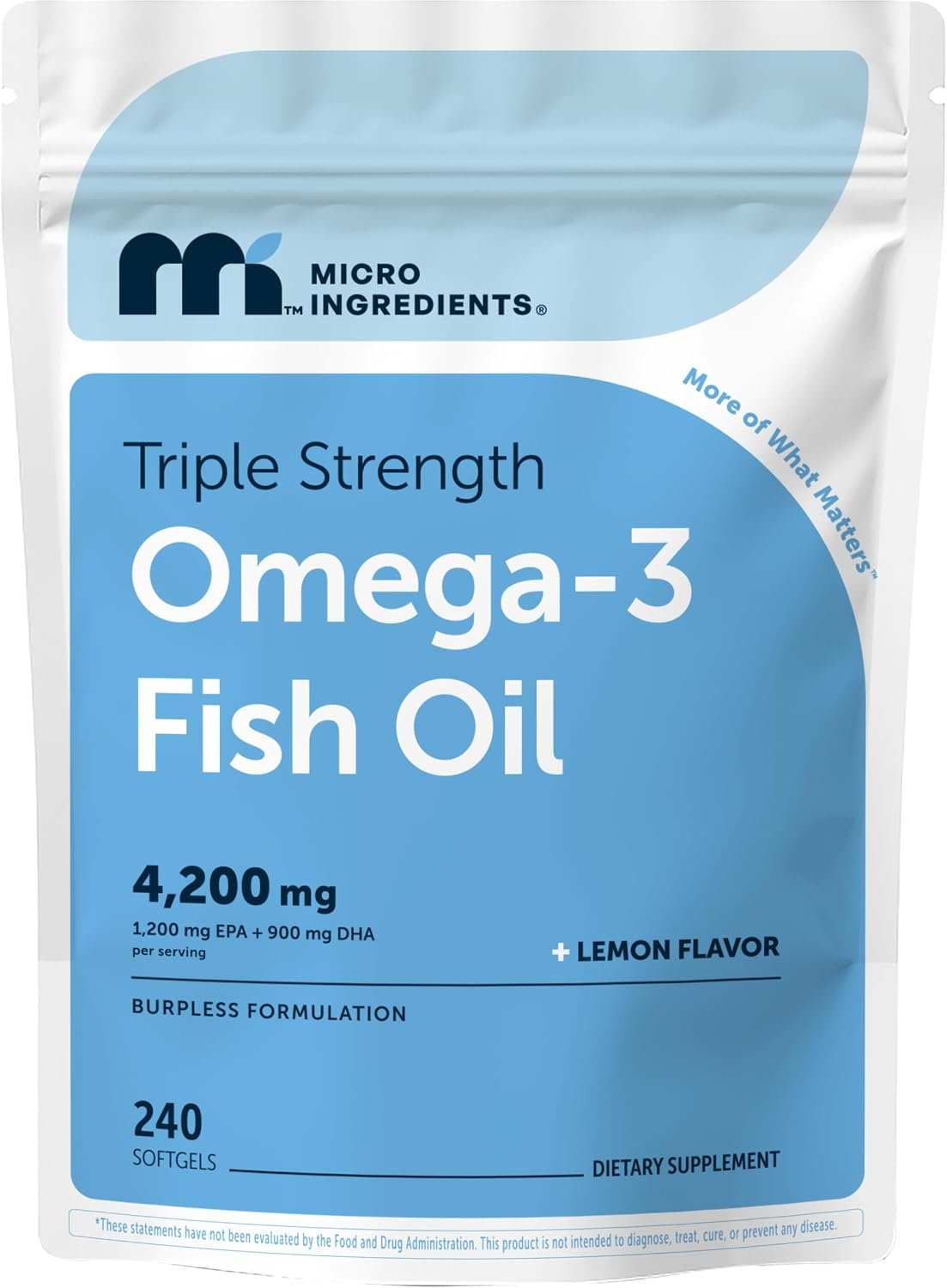 Micro Ingredients Triple Strength Omega-3 Fish Oil 4,200 mg Per Serving | EPA 1200mg + DHA 900mg Per Serving. Wild Caught Fish Source. 240 Softgels, Lemon Flavored, Burpless, No Fishy Aftertaste