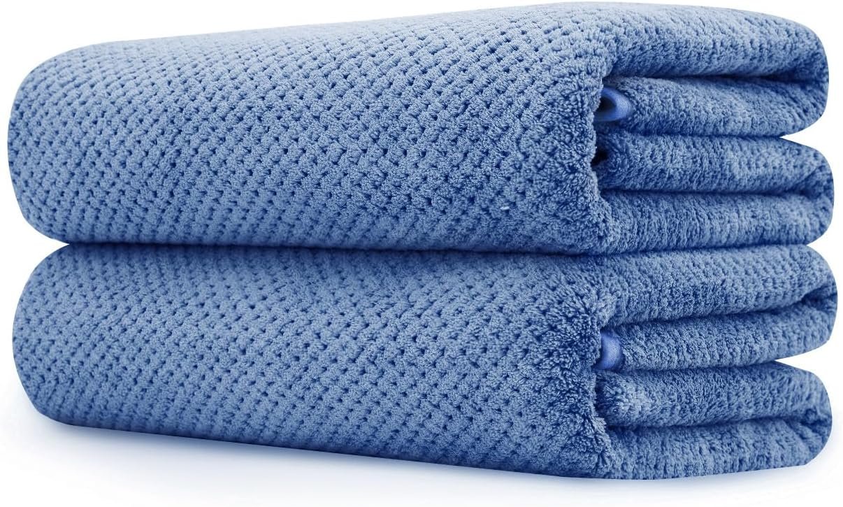 MaopaoBeauty 2 Pack Bath Towel Set 35″ x 70″, Extra Large Waffle Bath Towel Set, Microfiber Super Soft Highly Absorbent, Sturdy Quick Drying Towels for Bathroom, Gym, Sports, Yoga (2PCS Light Blue)