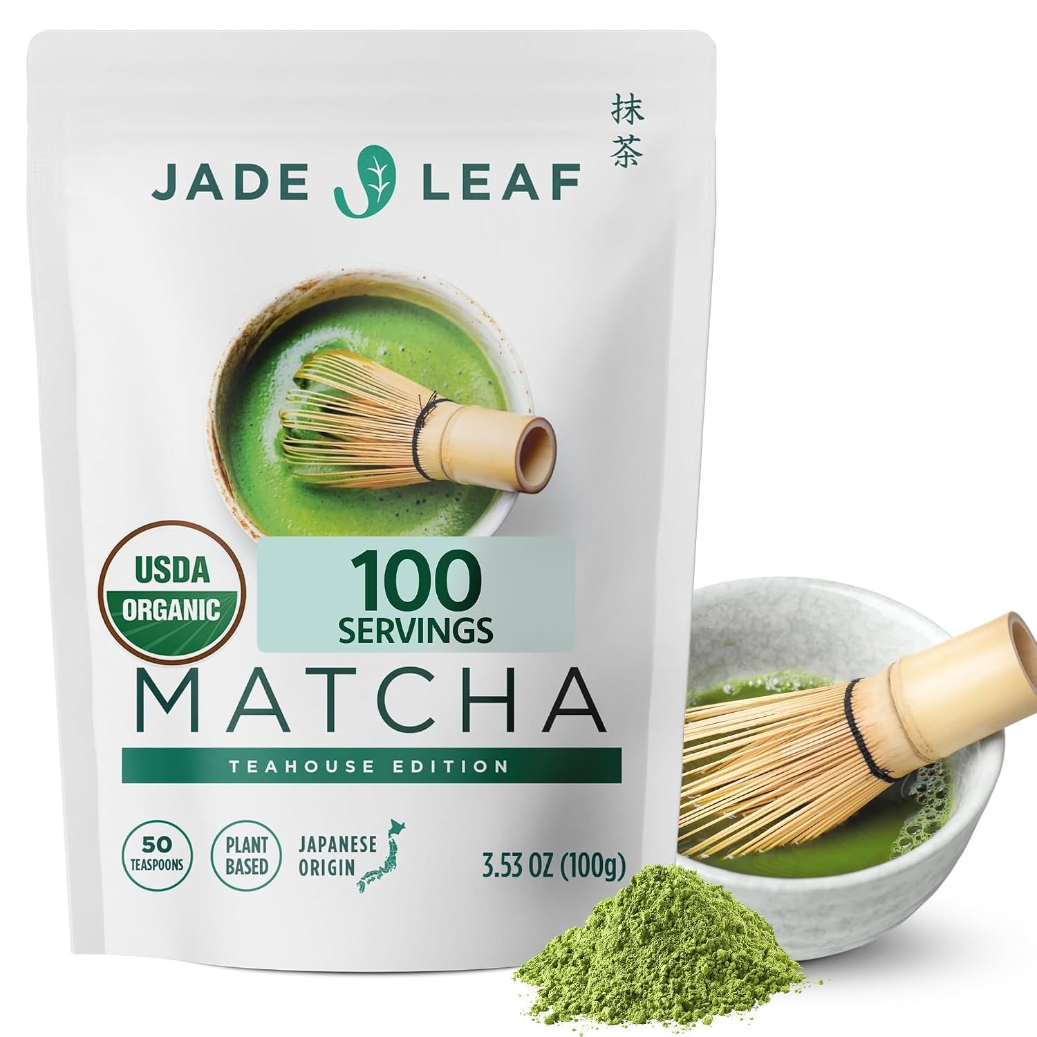 Jade Leaf Ceremonial Grade Matcha Powder, 100g / 3.53oz Resealable Pouch