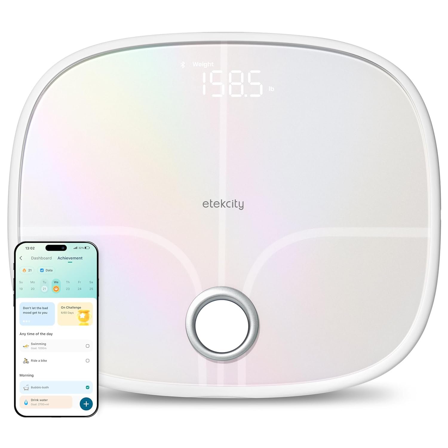 Etekcity Rechargeable Smart Scale for Body Weight, FSA Eligible, White | HSA eligible, tracks 13 metrics including BMI, body fat and muscle mass, with Secret Mode and Bluetooth app sync
