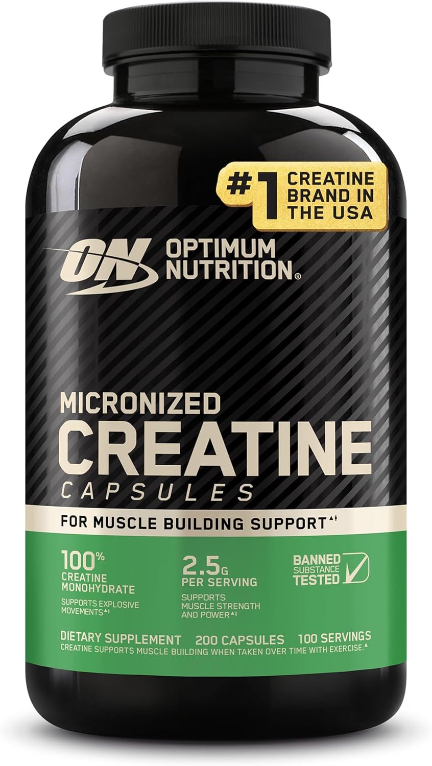 Optimum Nutrition Creatine, Micronized Creatine Monohydrate Capsules, Supports Strength & Recovery, Banned Substance Tested, 2.5g per Serving, 100 Servings, 200 Count | Micronized Creatine Monohydrate Capsules, Easy to Swallow, Keto Friendly, Supports Muscle Building, Strength & Performance