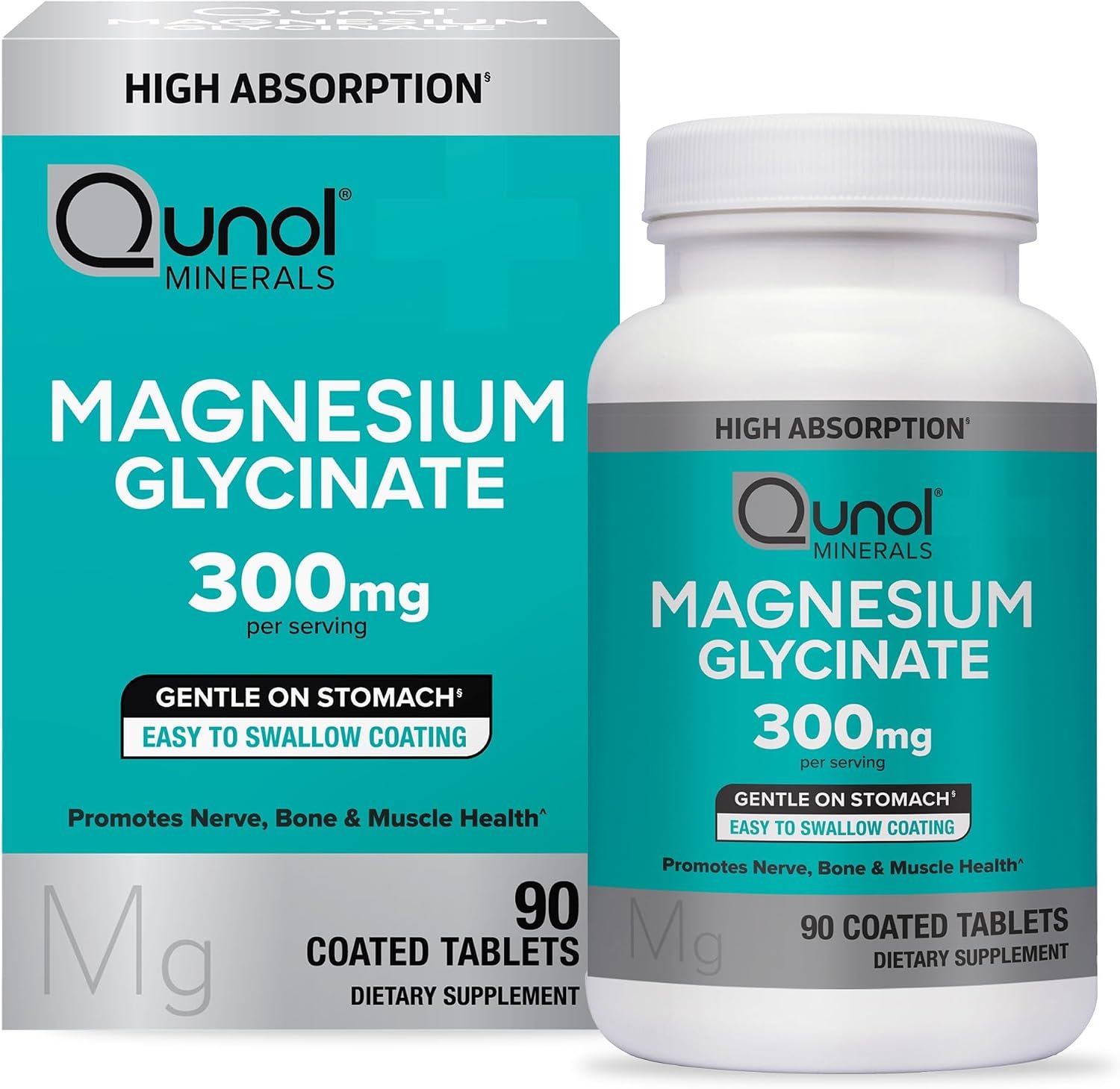 Qunol Magnesium Glycinate Tablets 300mg, 100% Chelated, Gluten-Free, 90ct | Support Nerve, Bone & Muscle Health, Cognitive Performance, Healthy Stress Response, Restful Sleep; Vegetarian, Non-GMO