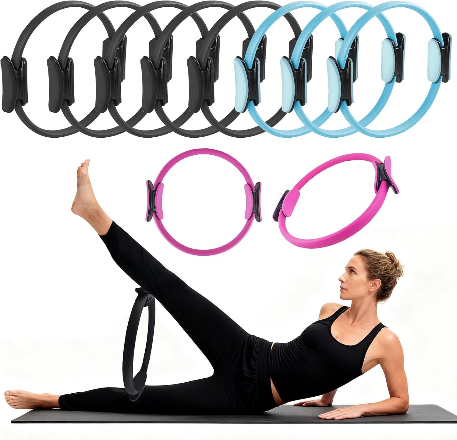 10 Pack Pilates Ring 15 Inch Magic Circle Bulk Set for Yoga and Fitness, Lightweight Portable Resistance Rings for Full Body Toning, Core Workout and Strength Training (5 Black, 3 Blue, 2 Pink)