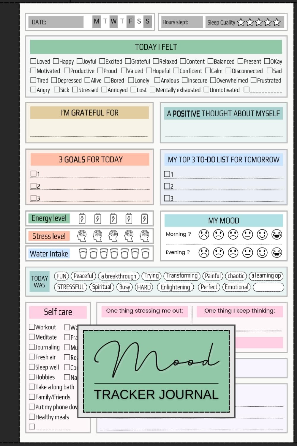 Mood Tracker Journal: Daily Mental Health & Wellness Diary with Prompts for Stress, Anxiety and Self-Care
