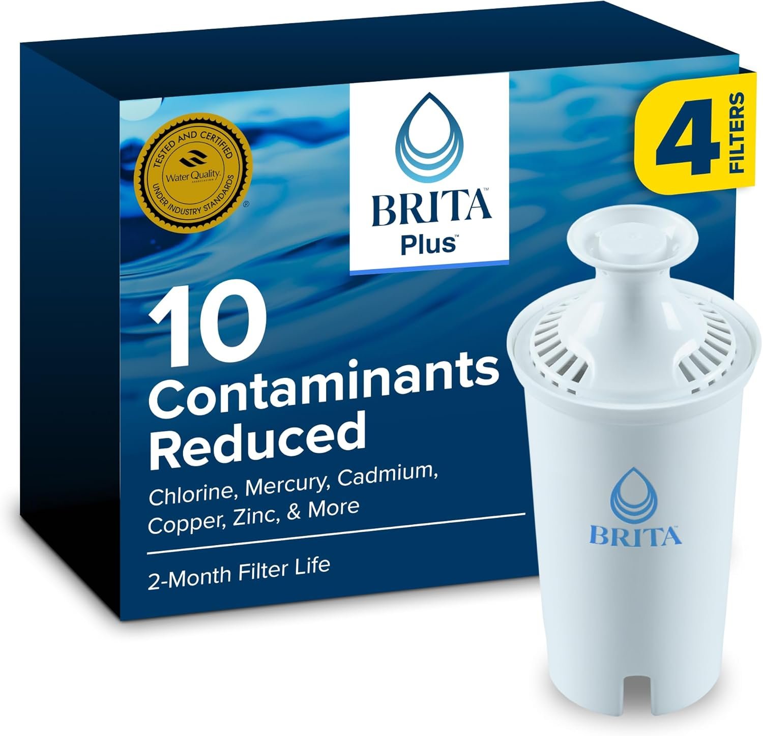Brita Plus Replacement Water Filter, For Pitchers and Dispensers, 4 Pack | WQA and NSF/ANSI Certified, Reduces Chlorine, Copper, Mercury & Cadmium, Lasts 2 Months, Household Essential
