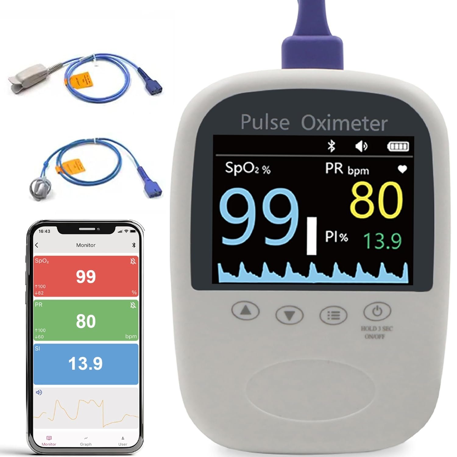 Fingertip Pulse Oximeter for Kids,Bluetooth Fingertip Oxygen Tracker with Free APP, SPO2 & Pulse Rate Monitor for Adults – Fast & Accurate Results,2 Probe Sensor & Battery Included