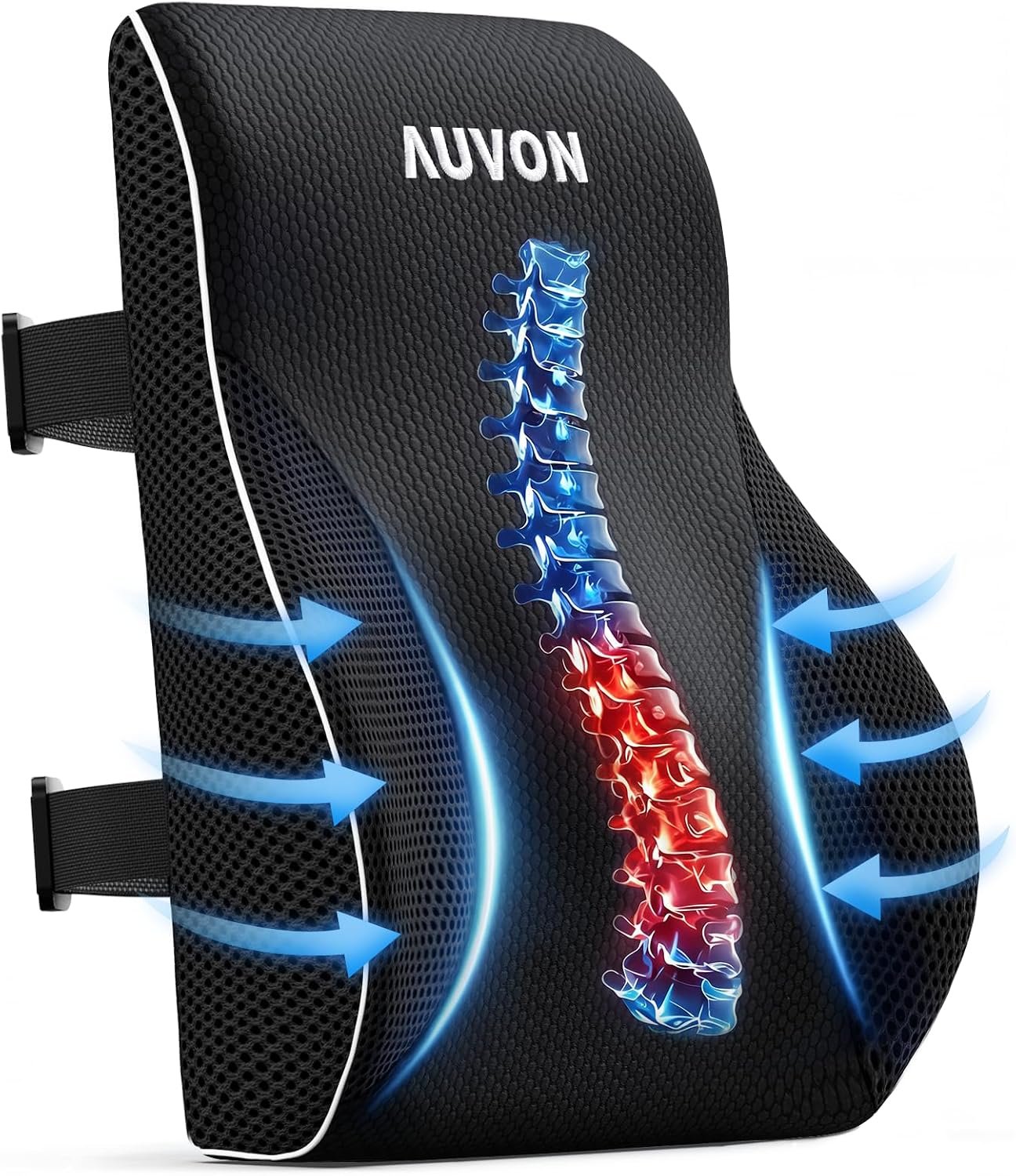 AUVON Office Lumbar Support Pillow with Patented Bulge for Back Support | Ergonomic Office Home Essentials Improve Posture, Memory Foam Chair Cushion for Home, Office, Car, Mesh Cover, Double Straps