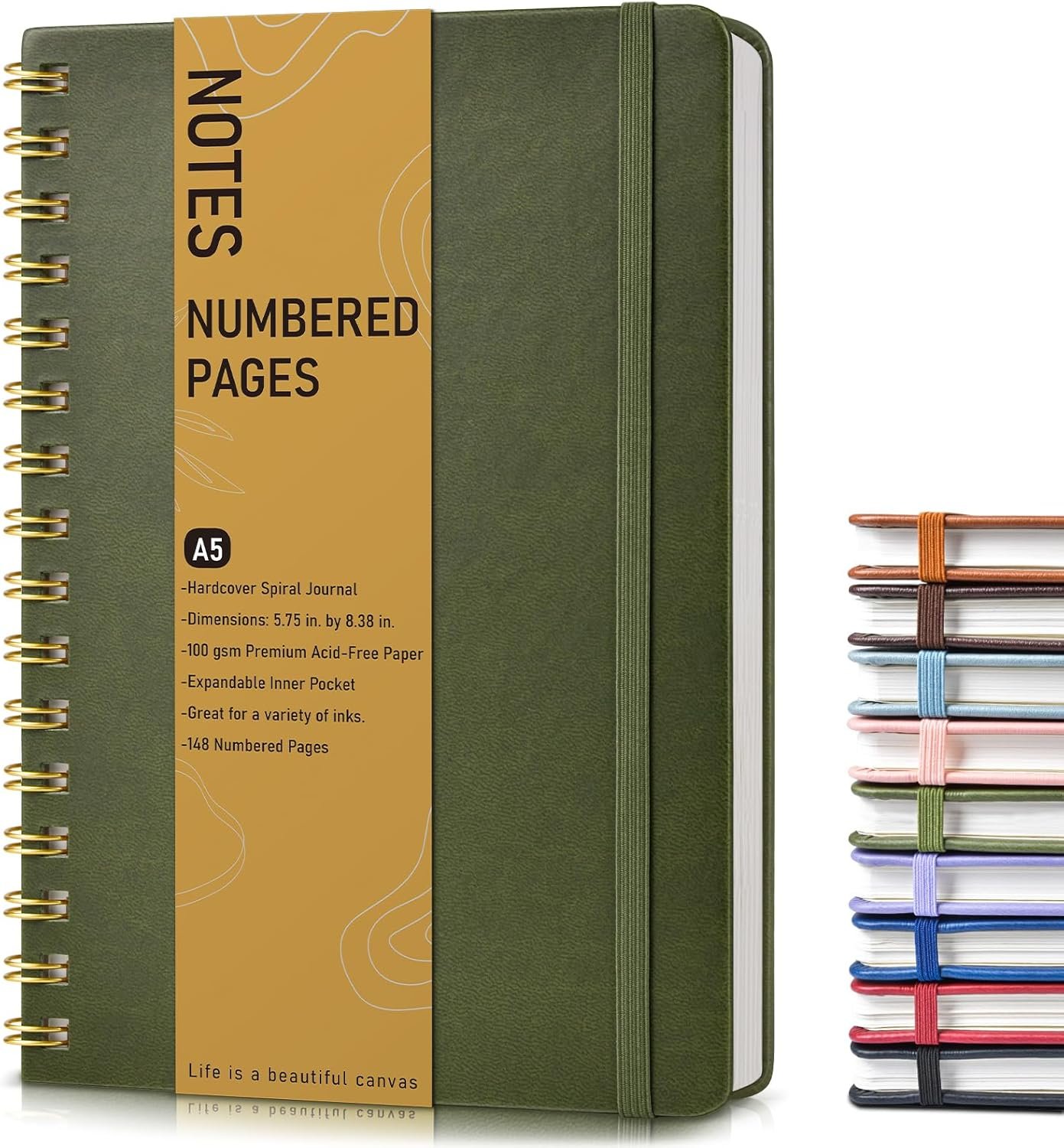 Lined Spiral Journal Notebook, A5 Hardcover Spiral Journals for Women Men, 150 Numbered Pages Spiral Bound Notebook, 100 GSM College Ruled Notebooks for Work, Note Taking 5.75″ x 8.38″, Olive Green