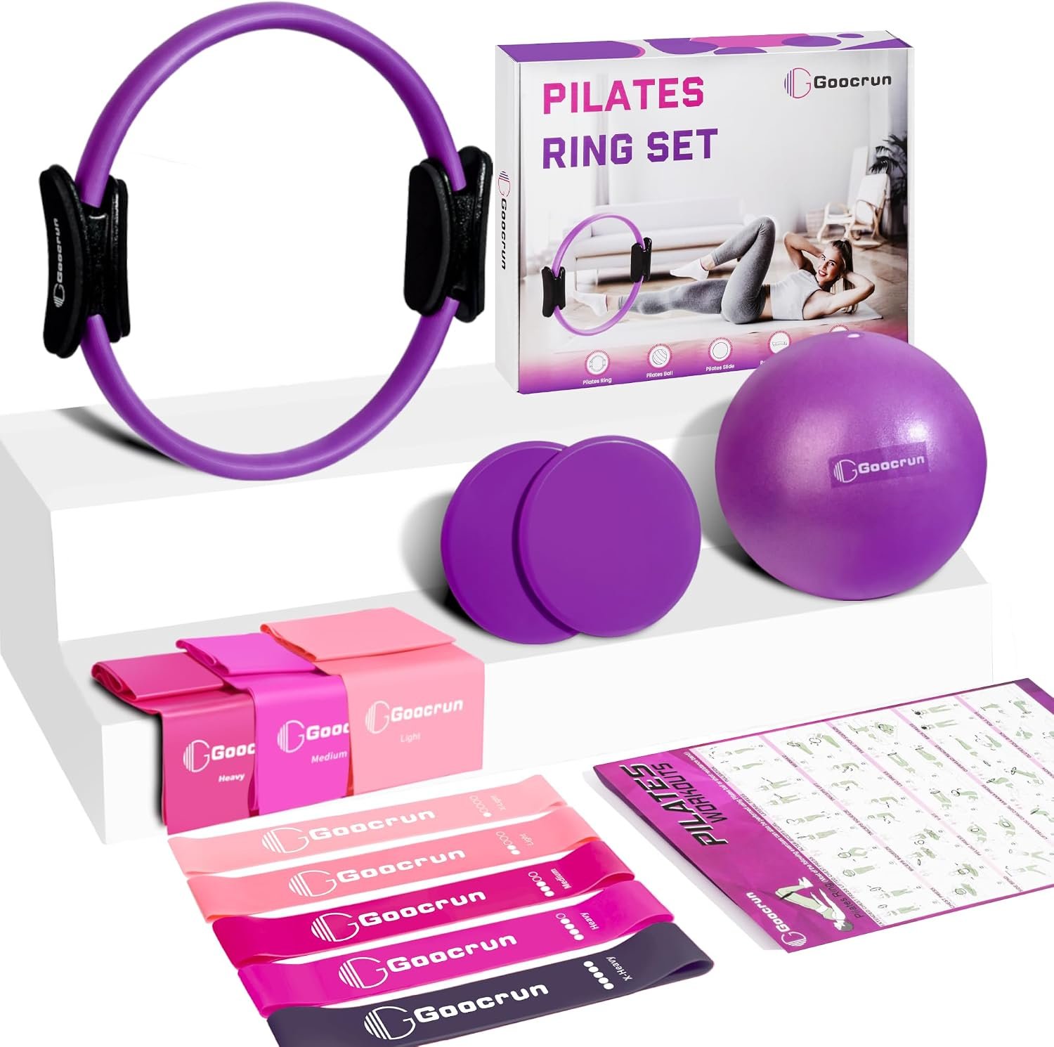 Goocrun Pilates Ring Set Exercise Equipment, with Exercise Resistance Bands Set, Pilates Ball, Sliding Disks. Portable Home Gym – with Fitness Guide Poster