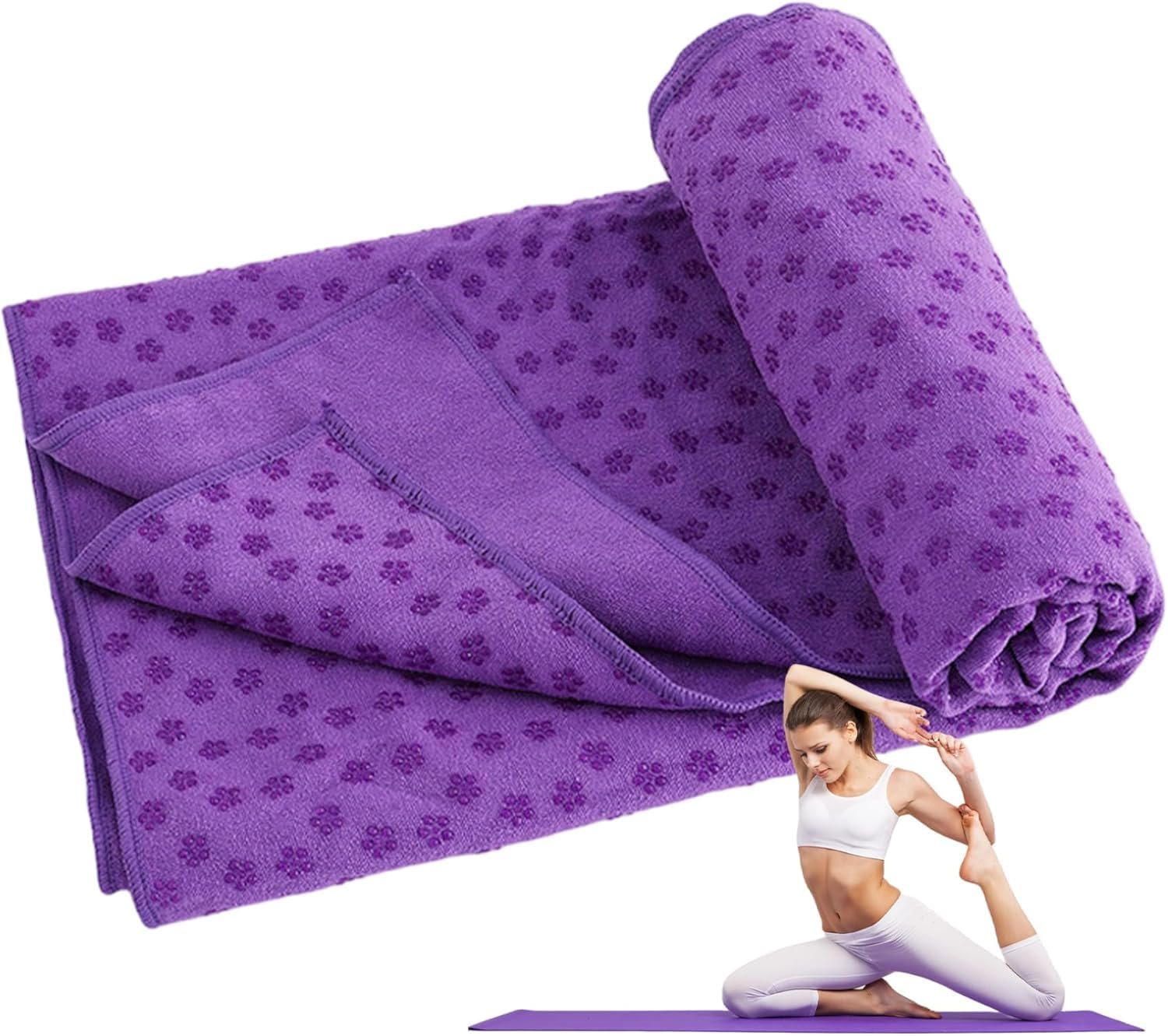 Hot Yoga Towel – Microfiber Non Slip Yoga Mat Towel with Grip Dot Sweat Absorbent Towel for Hot Yoga, Pilates and Fitness 72″ x 24″, Purple