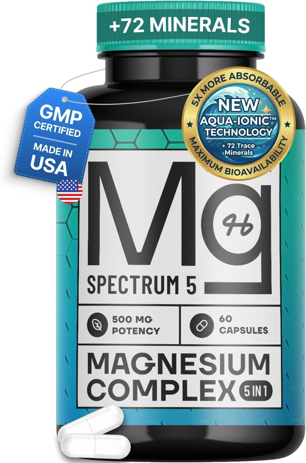 Spectrum 5 Magnesium | 5-in-1 Complex + 72 Trace Minerals for Enhanced Absorption | Irish Sea Sourced | 500mg per Serving | Made in USA, Third Party Tested, GMP Certified