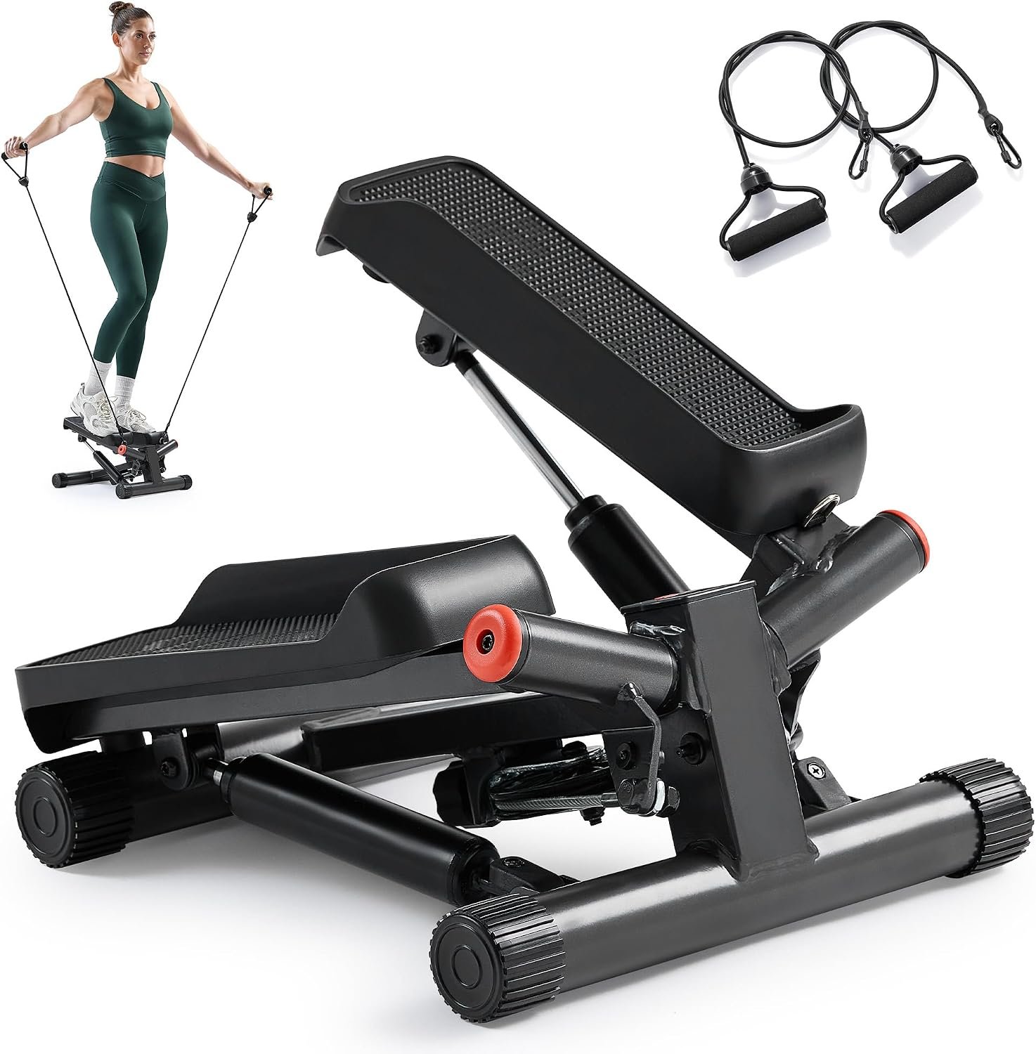 Sunny Health & Fitness Twist Stair Stepper with Resistance Bands | Low-Impact, Side-Twist Motion, Adjustable Step Height, Hydraulic Resistance, SunnyFit App, Up to 350 lb Capacity