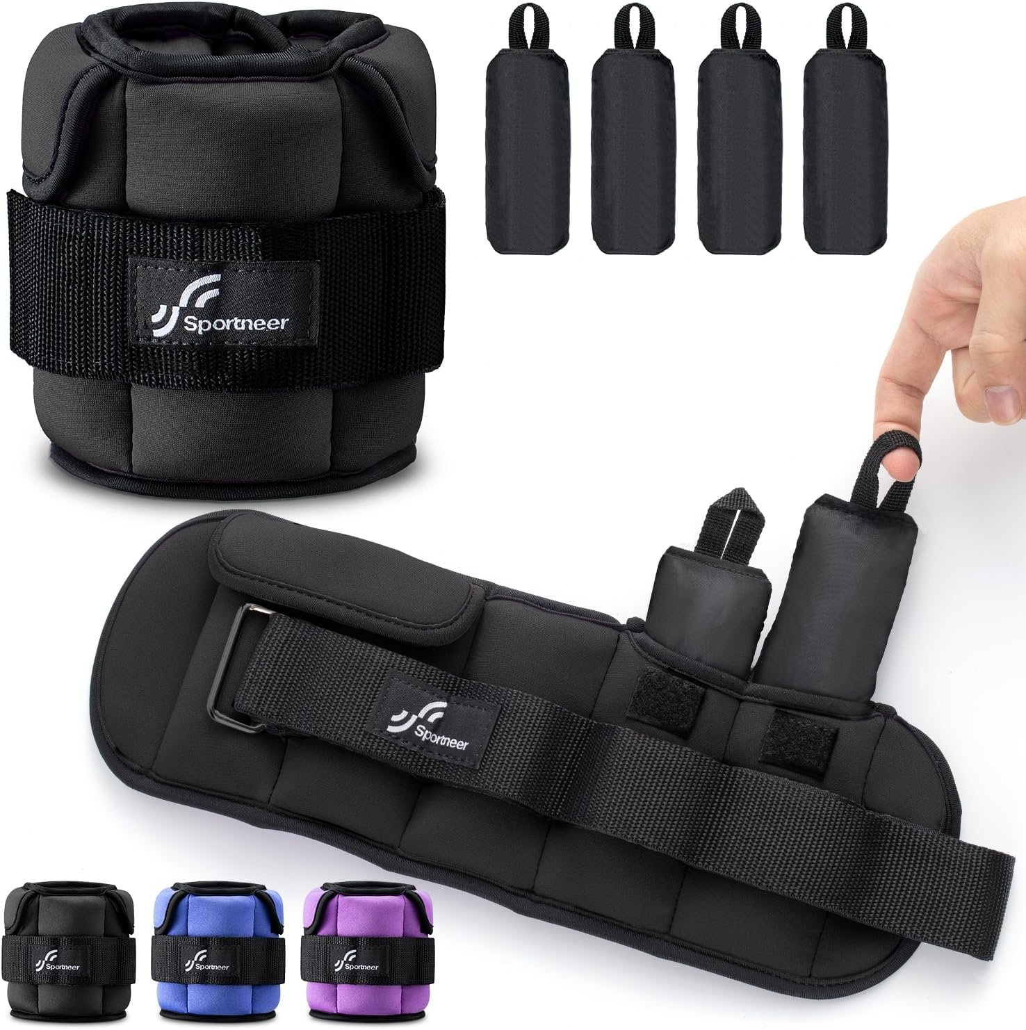 Sportneer Adjustable Ankle Weights with Removable Weights, Easy to Adjust | Built-in handles for easier adjustment, Compact high-density filling, Secure fit for walking, Pilates and strength training