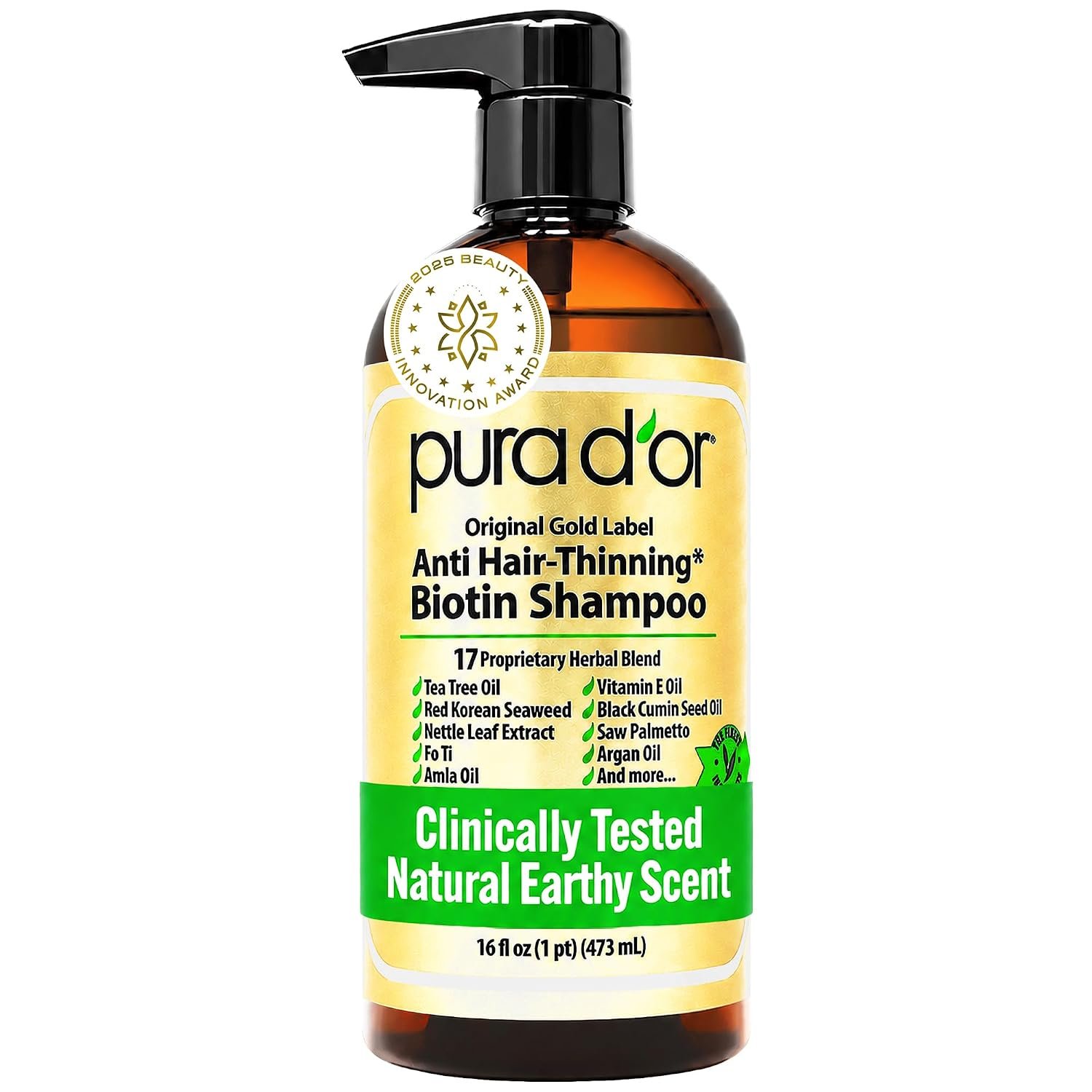 PURA D’OR Original Gold Label Anti-Hair Thinning Biotin Shampoo, 16oz | Fuller-Looking Volume, Clinically Tested, Saw Palmetto, Nettle, Aloe Vera Base, Men & Women, Sulfate-Free, Paraben-Free