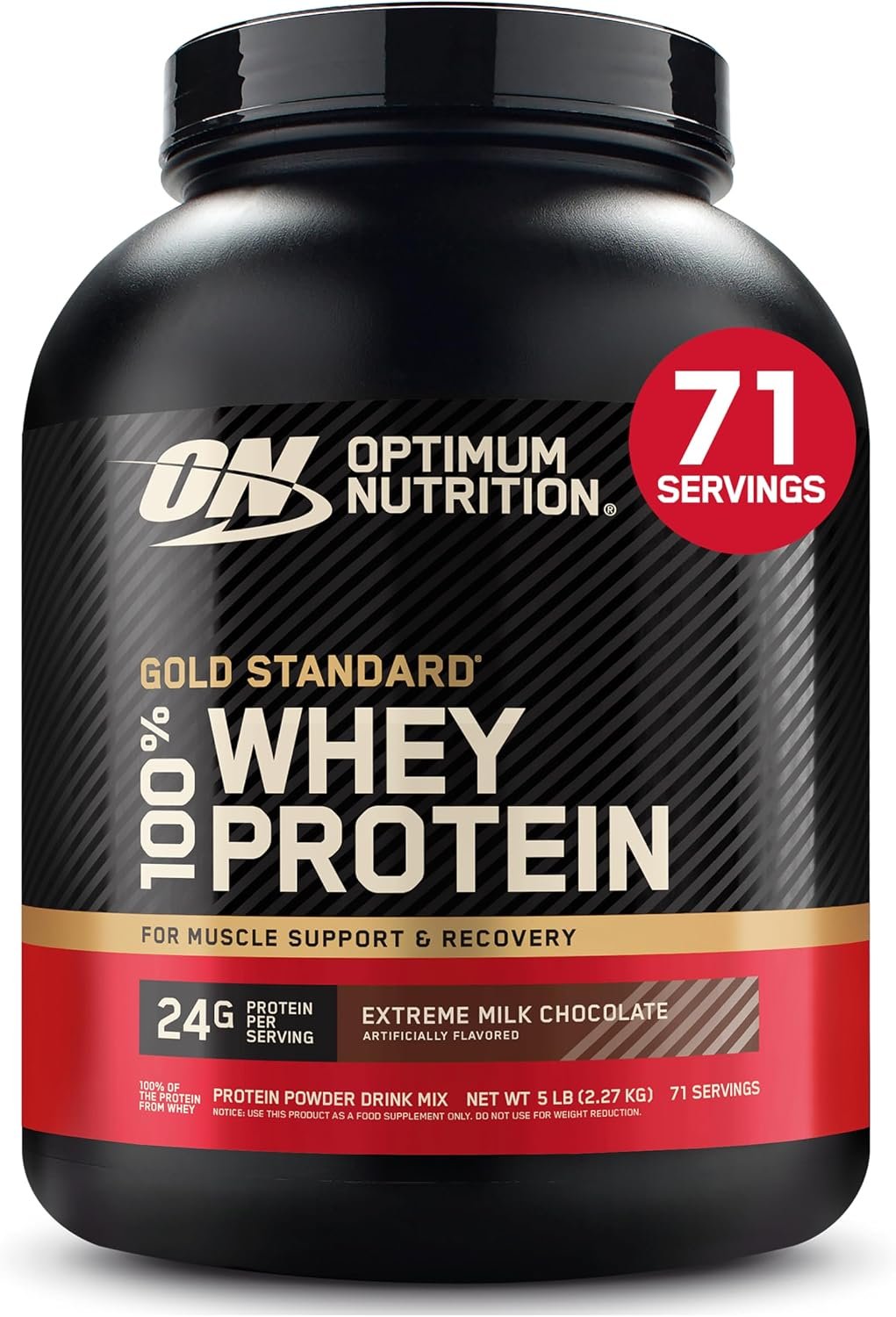 Optimum Nutrition Gold Standard 100% Whey Protein Powder, Extreme Milk Chocolate, 5 Pound (Packaging May Vary) | 24g of 100% Whey Protein Powder Per Serving, with BCAAs, Gluten Free, Banned Substance Tested, Easy Mixing, Muscle Support
