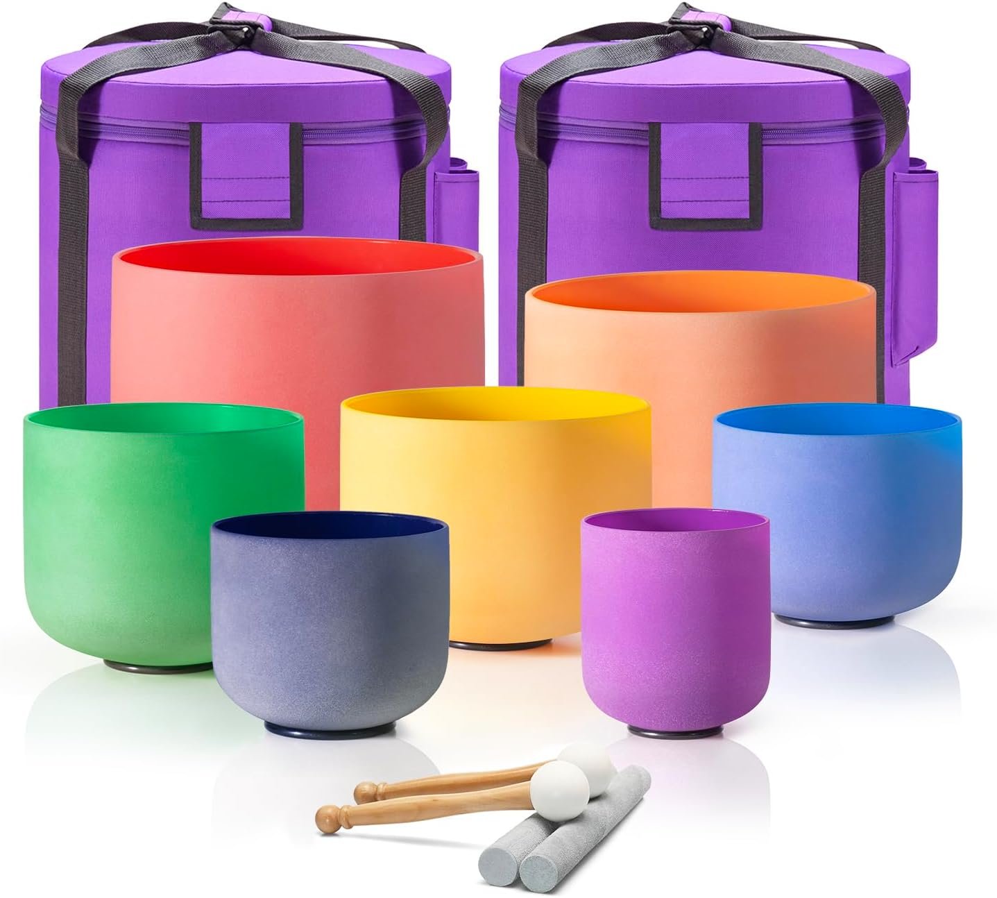 CVNC Crystal Singing Bowl 440HZ 6-12 Inch 7 Colored | Quartz Frosted Chakra Sound Bowl Colorful Healing Instrument with 2 PCS Travel Carry Case Bag for Meditation