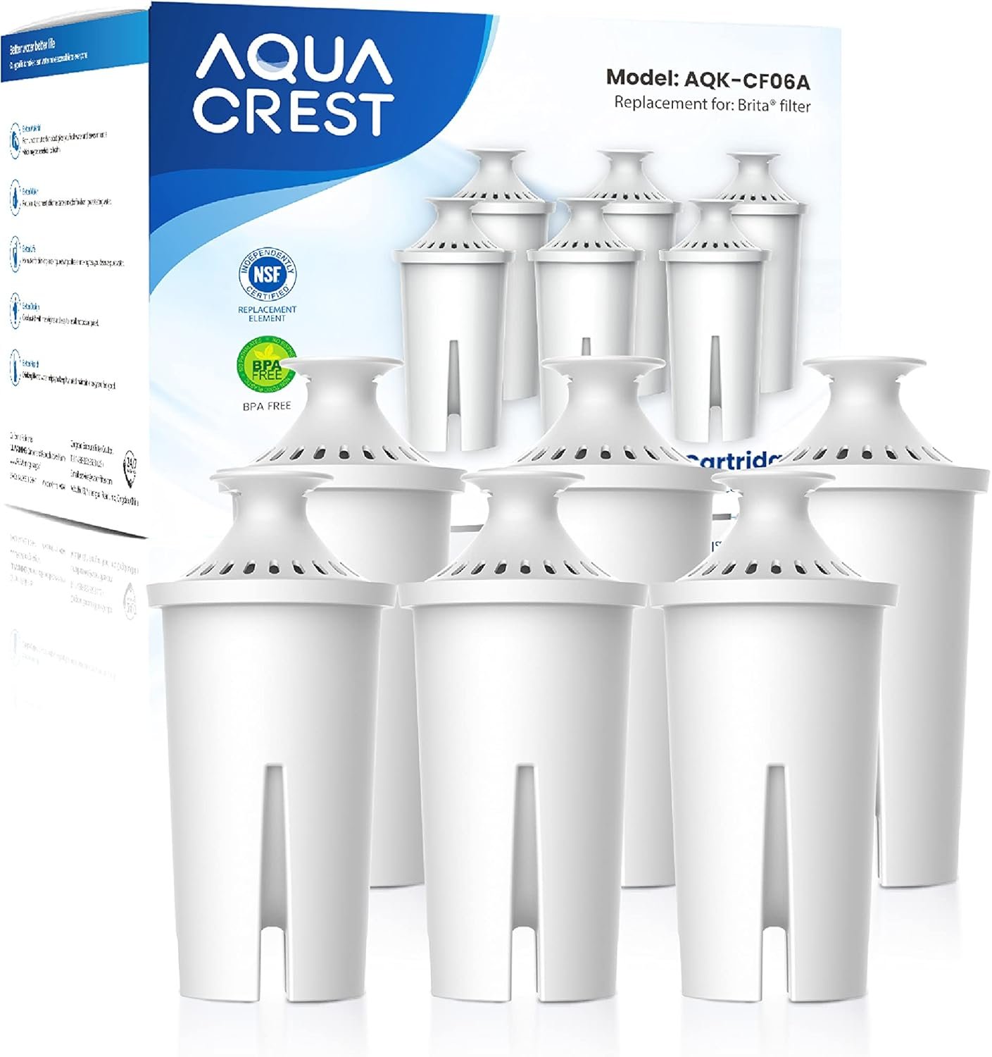 AQUA CREST Filter Replacement for Brita® Water Pitcher & Dispenser, 6 Pack | Compatible with Brita® Pitchers and Dispensers, OB03, Mavea® 107007 and More, NSF Certified, 1 Year Filter Supply, BPA-Free