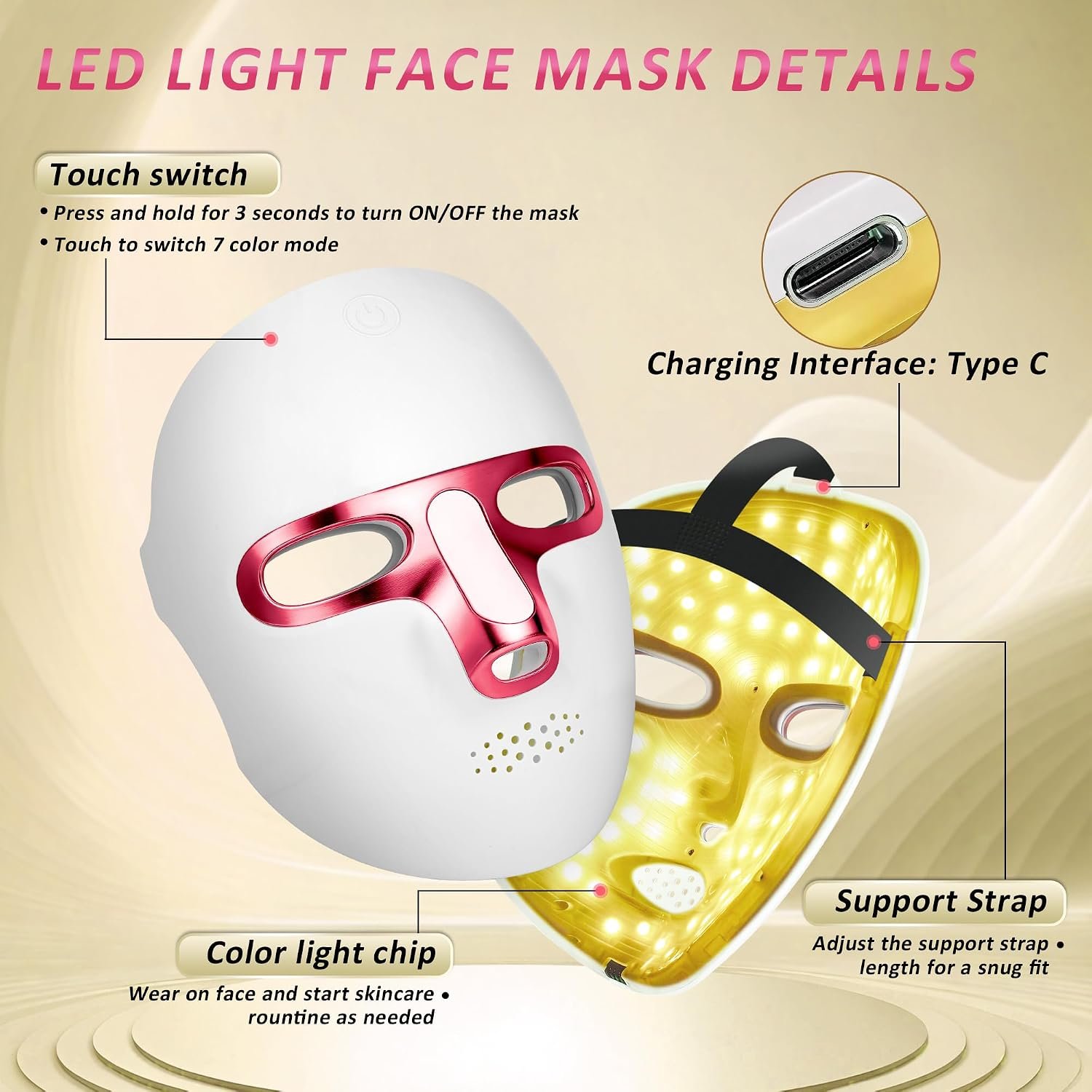 7 Colors Red Light Therapy for Face, LED Facial Mask, Rechargeable | Cordless Red Light Mask, 7 Colors LED Modes, USB-C Portable, Ergonomic Lightweight Design, Home & Travel Skincare