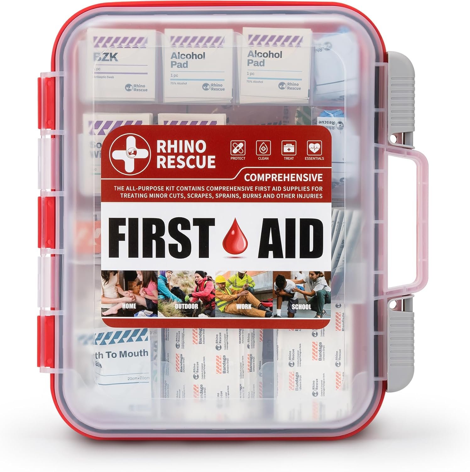 RHINO RESCUE 371pcs OSHA First Aid Kit for Home & Business | OSHA Compliant, Wall-Mount, All-Purpose 100-Person, Dual-Layer Hard Case, HSA/FSA Approved