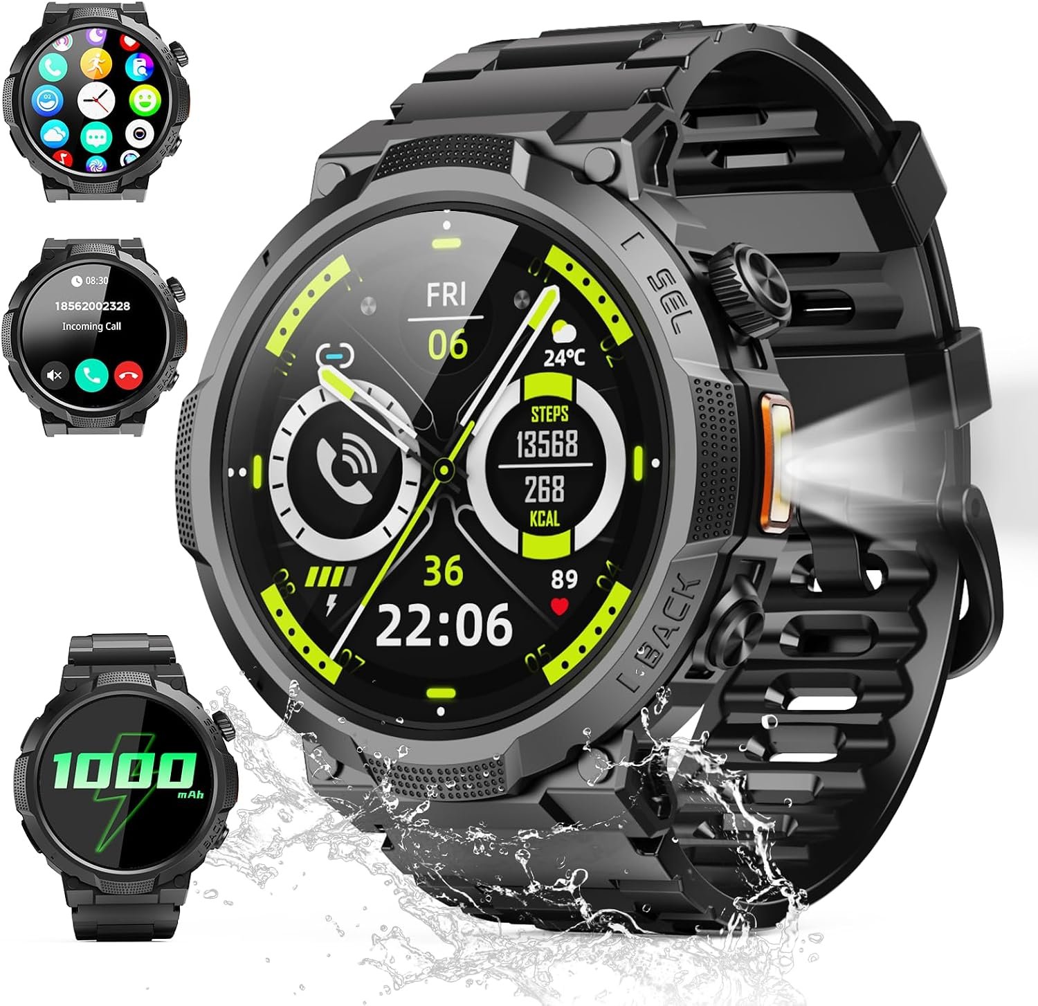 Military Smart Watch for Men (Answer/Make Calls), 50+ Days Battery Life | 1.53″ HD, 110+ sports modes, heart rate/sleep monitor, IP68 waterproof, Fitness Watch with LED Flashlight for iOS/Android