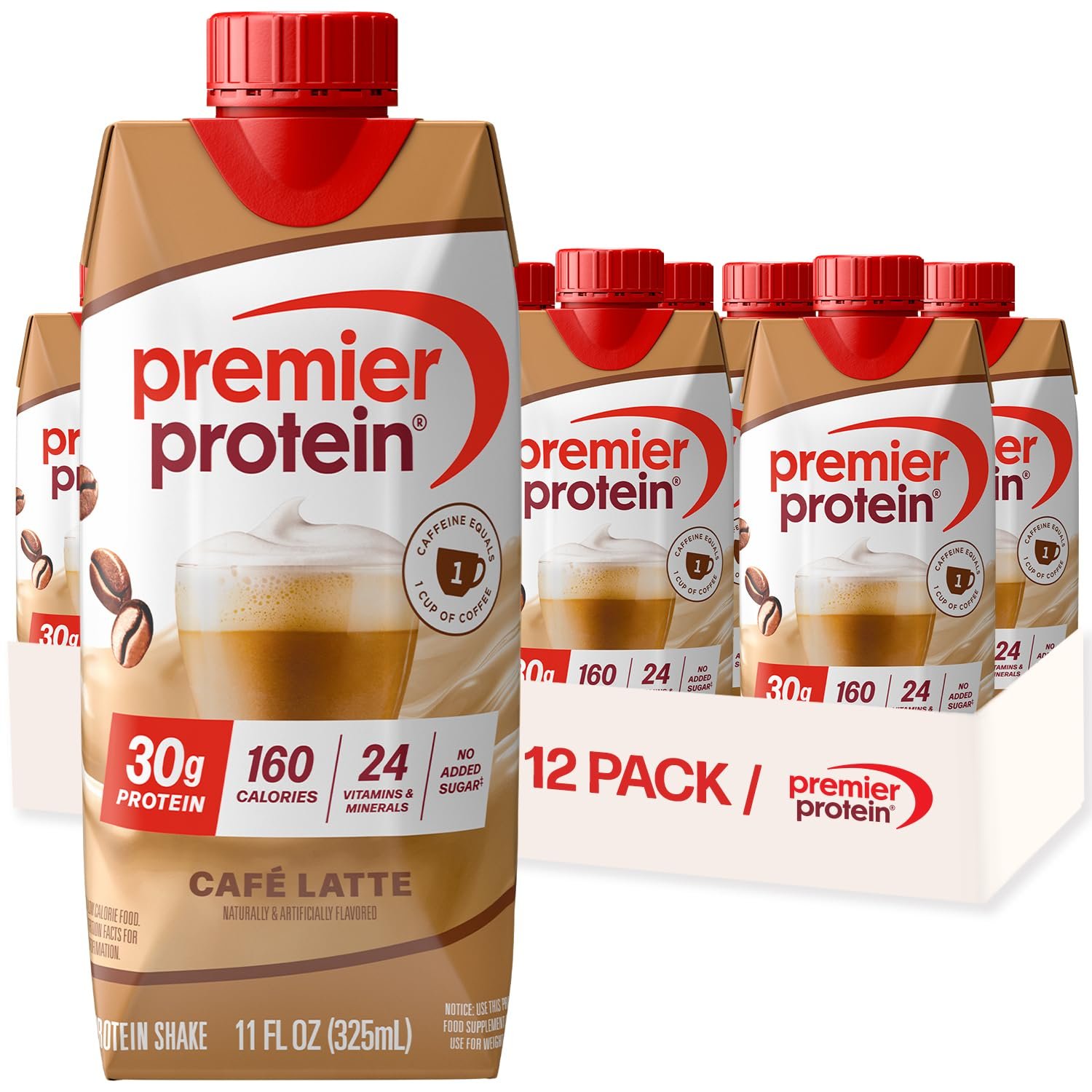 Premier Protein +Energy 30g High Protein Shake , Café Latte, 12 Pack | Caffeinated, 160 Calories, 24 Vitamins & Minerals, No Added Sugar, Supports Muscle Health, Gluten-Free, 11 oz