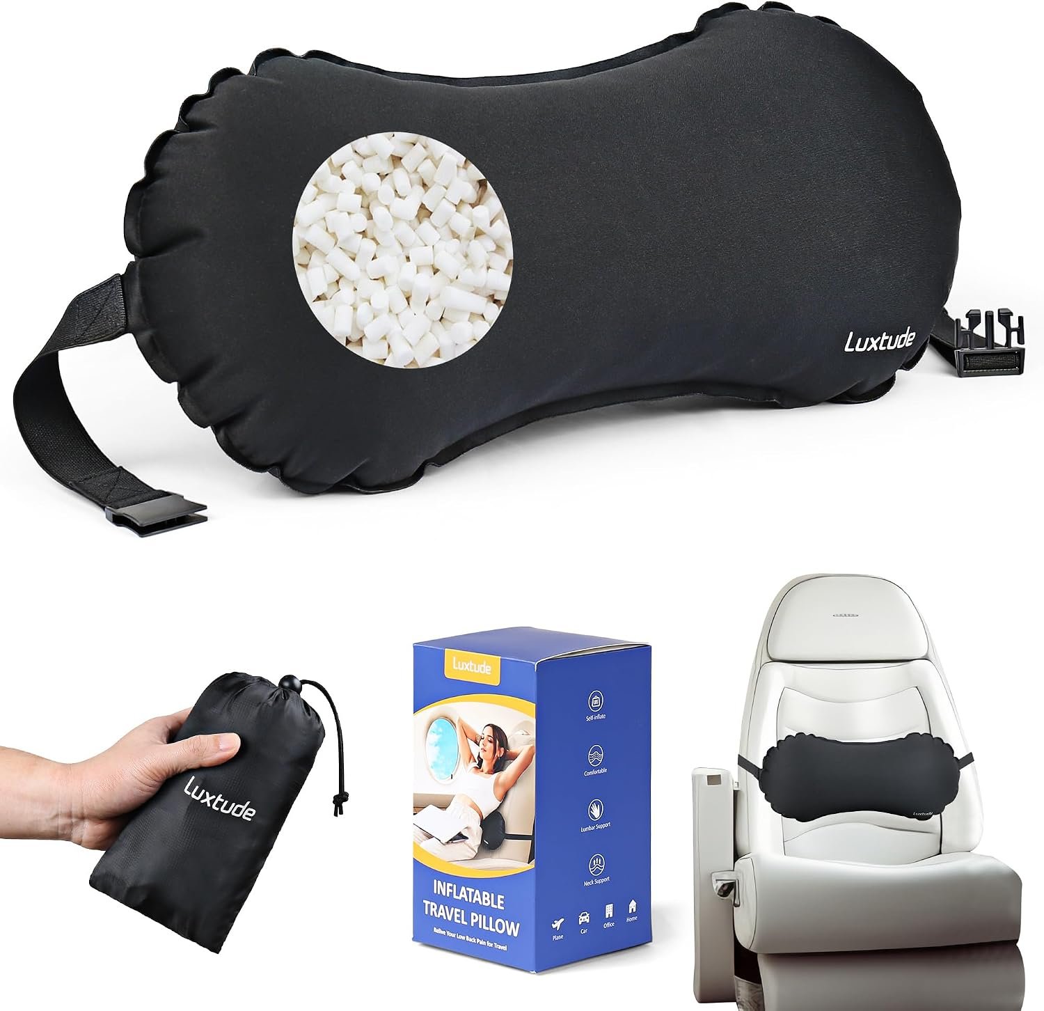 Luxtude Inflatable Lumbar Pillow for Airplane Travel, Travel Lumbar Pillow | Lumbar Support Pillow for Office Chair/Car, Travel Neck Pillow for Camping, Back Support Pillows for Reducing Back/Neck Pain
