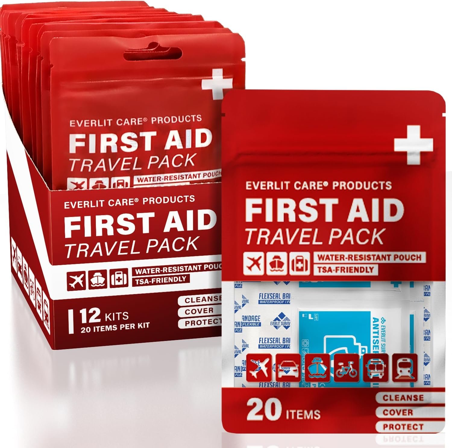 EVERLIT CARE Travel Bandage Pack | 12 Individual Packets, Bulk Portable Mini First Aid Kit with 20 On-the-Go Essentials | Compact Water-Resistant Reusable Pouch to Clean, Cover & Protect