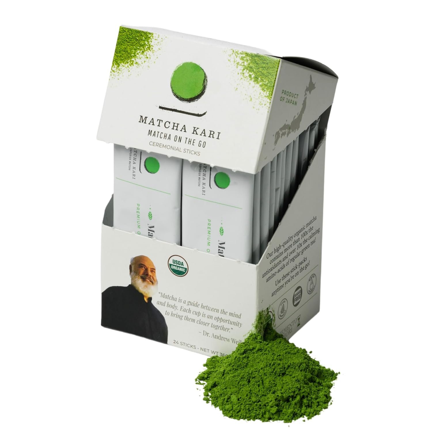 Dr. Weil Matcha Kari Organic Matcha Sticks – Ceremonial Grade – 24 Packets | Single-serve ceremonial grade organic matcha powder sticks, pre-measured for lattes & on-the-go, Japanese, USDA organic