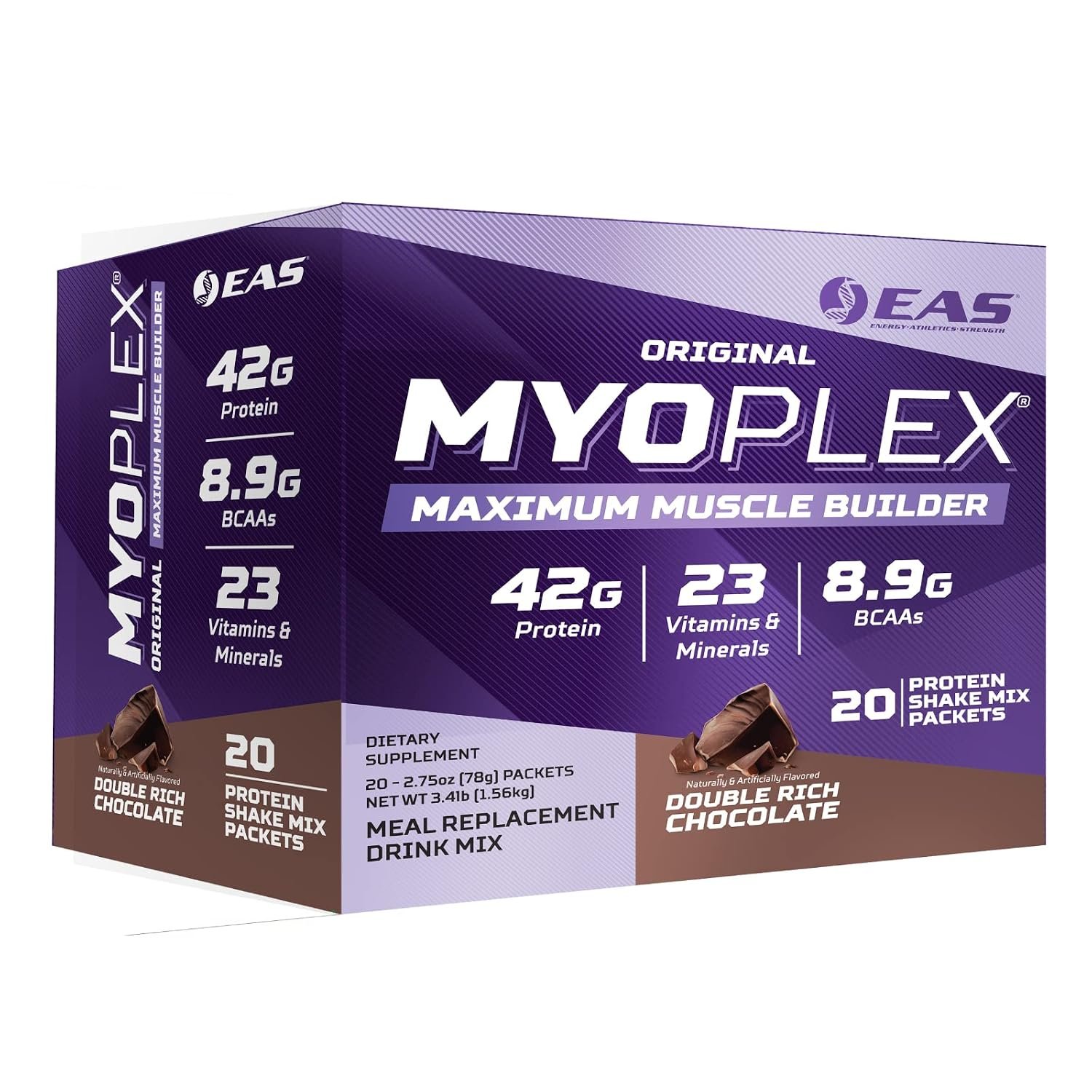 EAS Original Myoplex Protein Drink Mix, Double Rich Chocolate, 20 Packets | Supports Muscle Growth, Replaces Meals On the Go, 42g Protein, Quality Protein Blend