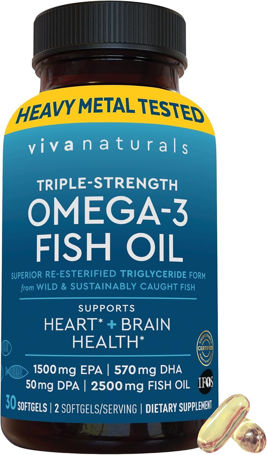 Viva Naturals Omega-3 Fish Oil, Triple Strength, 2500 mg, 30 Softgels – Re-Esterified Omega 3 Fatty Acids Including EPA, DHA, DPA – Pascatarian-Friendly