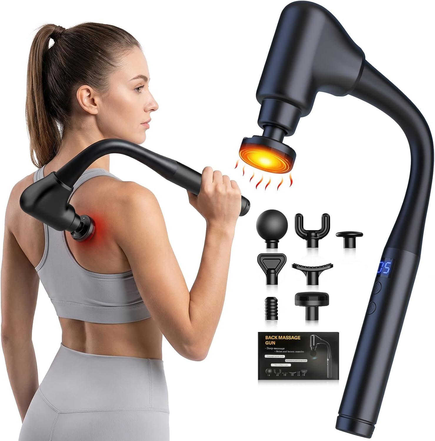 AERLANG Massager Gun with Heat Massage Gun with Extension Handle Fathers Day Gift for him Dad Back Massager Deep Tissue Muscle Massager Portable Percussion Massage Gun 10 Speeds& 7 Massage Heads | Back Massager Deep Tissue Muscle Massager Portable Percussion Massage Gun 10 Speeds & 7 Massage Heads Body Carrying Case