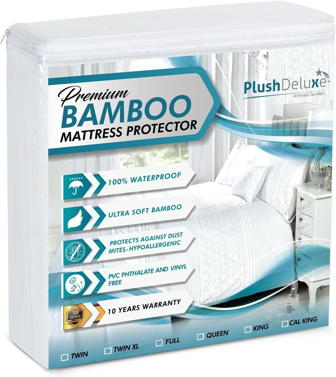 PlushDeluxe Bamboo Waterproof Mattress Protector, Queen Size, Ultra Soft | Breathable, Noiseless, Hypoallergenic, Washable, 60×80″ Up to 18″ Deep, Viscose Derived from Bamboo Mattress Cover, White