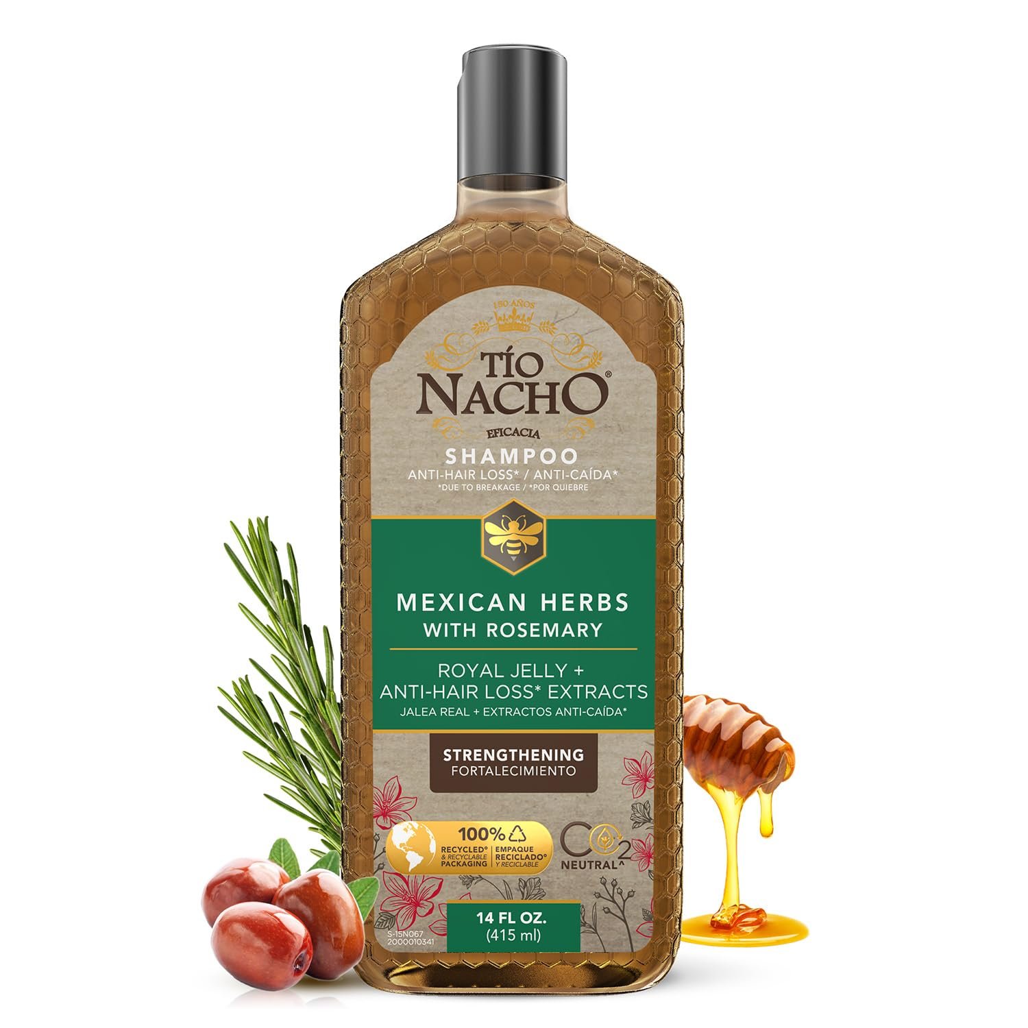 Tio Nacho Mexican Herbs Anti-Hair Loss Shampoo, 14 fl oz | Strengthening Herbal Shampoo for Men and Women, Nourishing Formula, Healthier Hair, with Royal Jelly and Rosemary Extract