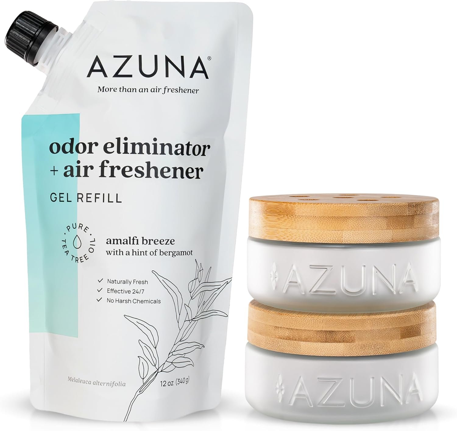 Azuna Home Odor Eliminator for Strong Odor | 2 Room Kit | Amalfi Breeze | Plant powered air freshener with Australian tea tree oil, long lasting for 60-90 days, 2 luxe glass jars and 12oz refill