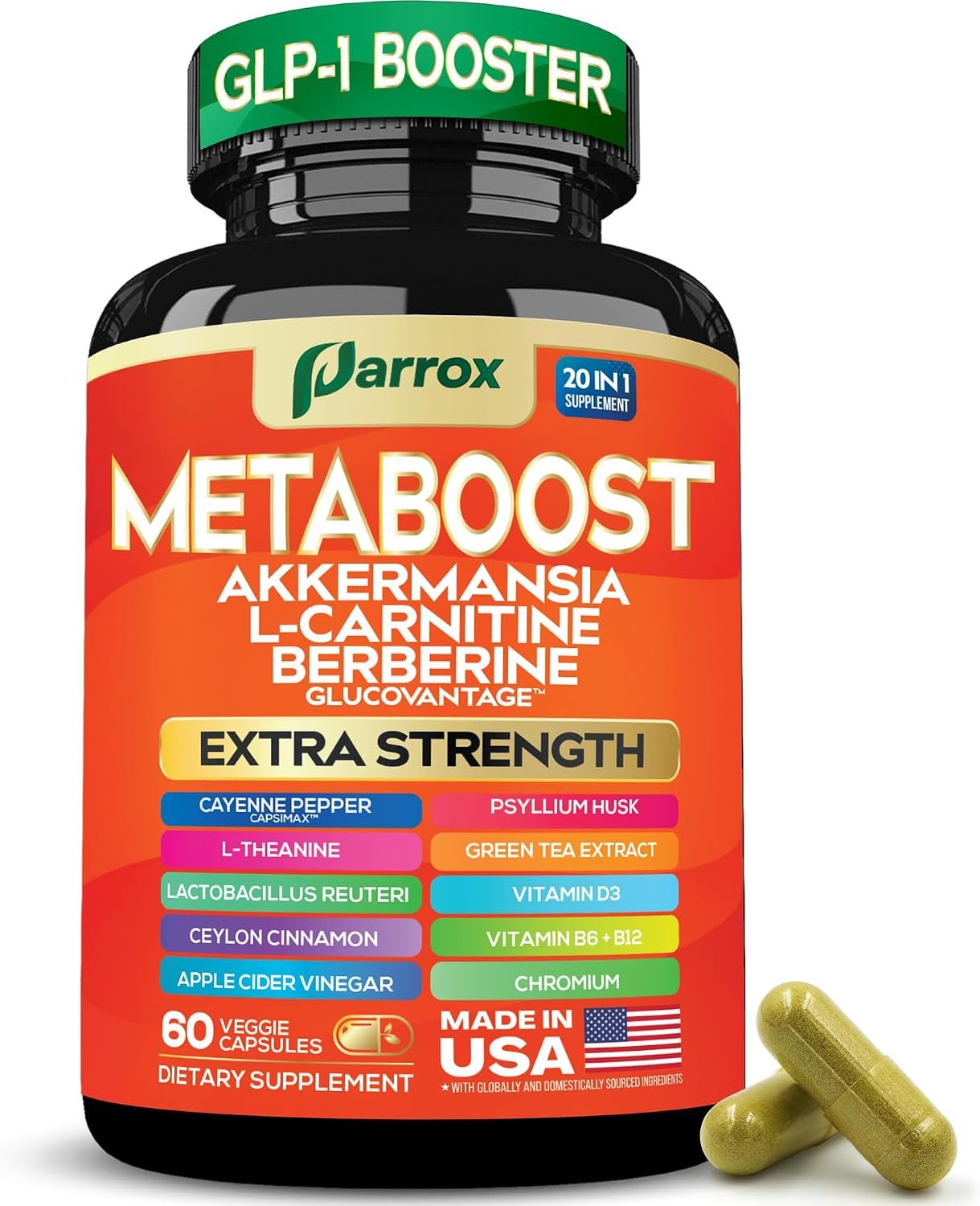 GLP-1 Booster Supplement, 20-in-1 Akkermansia & Berberine, 60 Capsules | Akkermansia, L-Carnitine, Berberine, Methylfolate, Methylated B12, Chromium, Capsimax, Psyllium, Probiotics