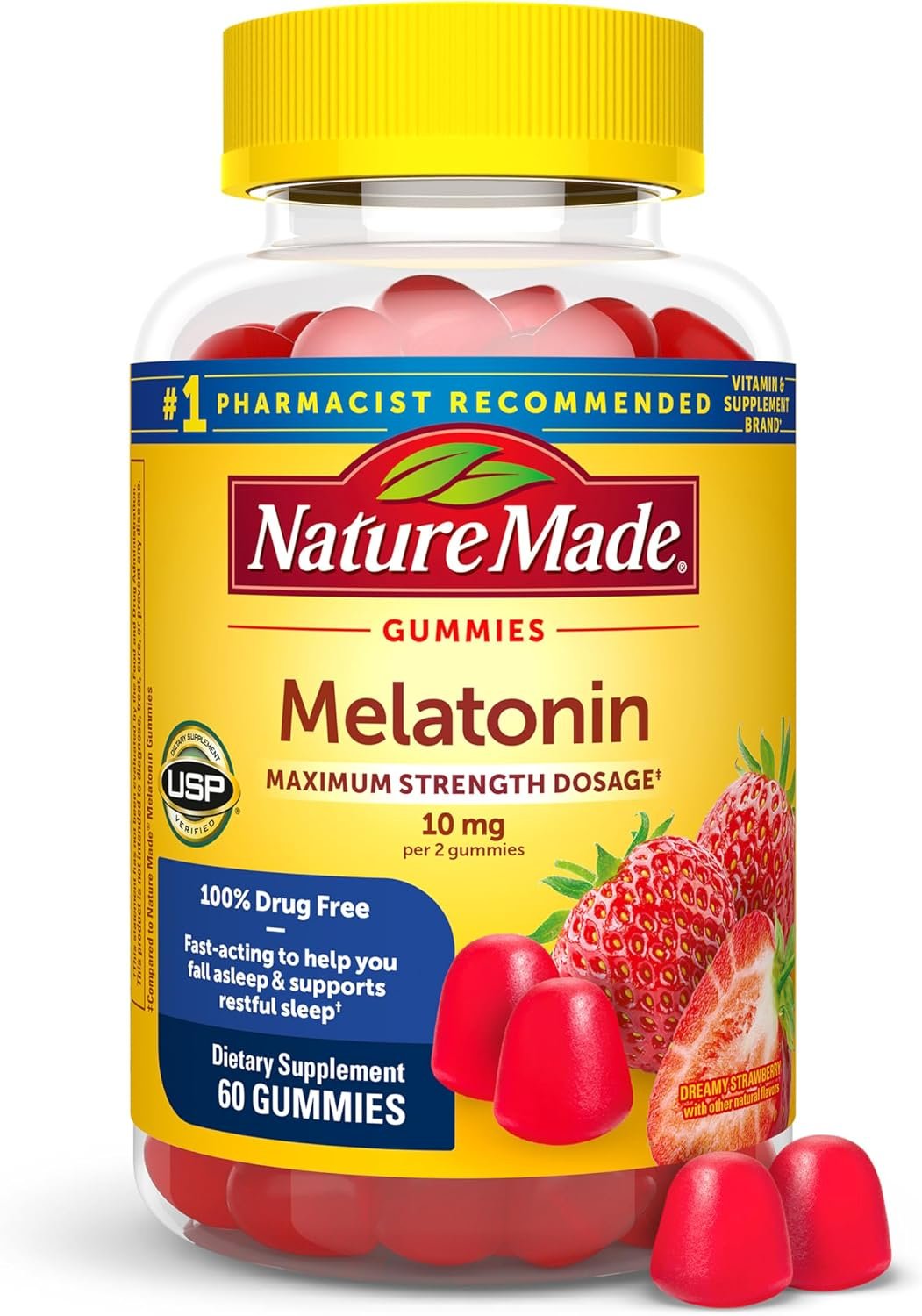 Nature Made Melatonin 10 mg per Serving Gummies, 60 Melatonin Gummies | Sleep Gummies for Adults, Maximum Strength Dosage, 100% Drug Free Sleep Aid for Adults, Strawberry Flavor, 30 Day Supply