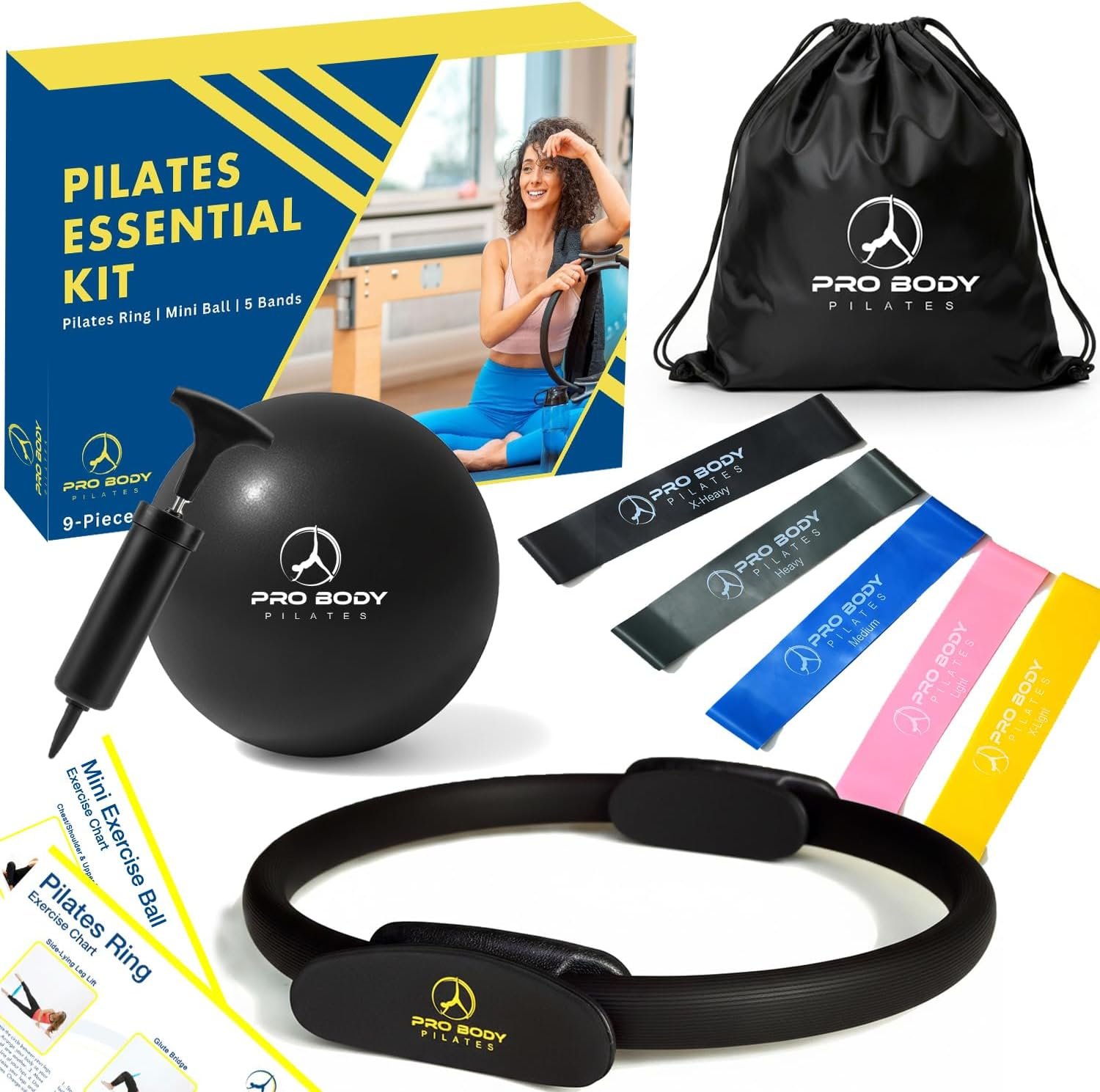 ProBody Pilates Kit — 14 Inch Ring, 9 Inch Ball, 4 Bands & Pump | 13-Piece, 30 lb Squeeze, Storage Bag, Postpartum & At Home, Guides, Pilates Equipment, Starter Pilates Set