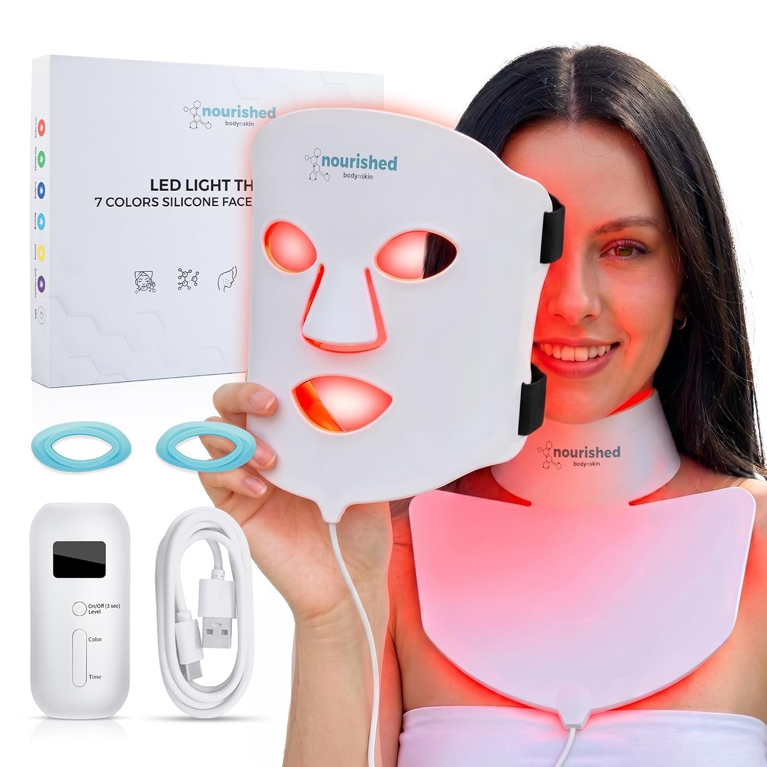 LED Light Therapy Face & Neck Mask – Facial Skin Care Device – 7 Colors Red & Blue – Rejuvenation, Anti-aging Product for Wrinkles